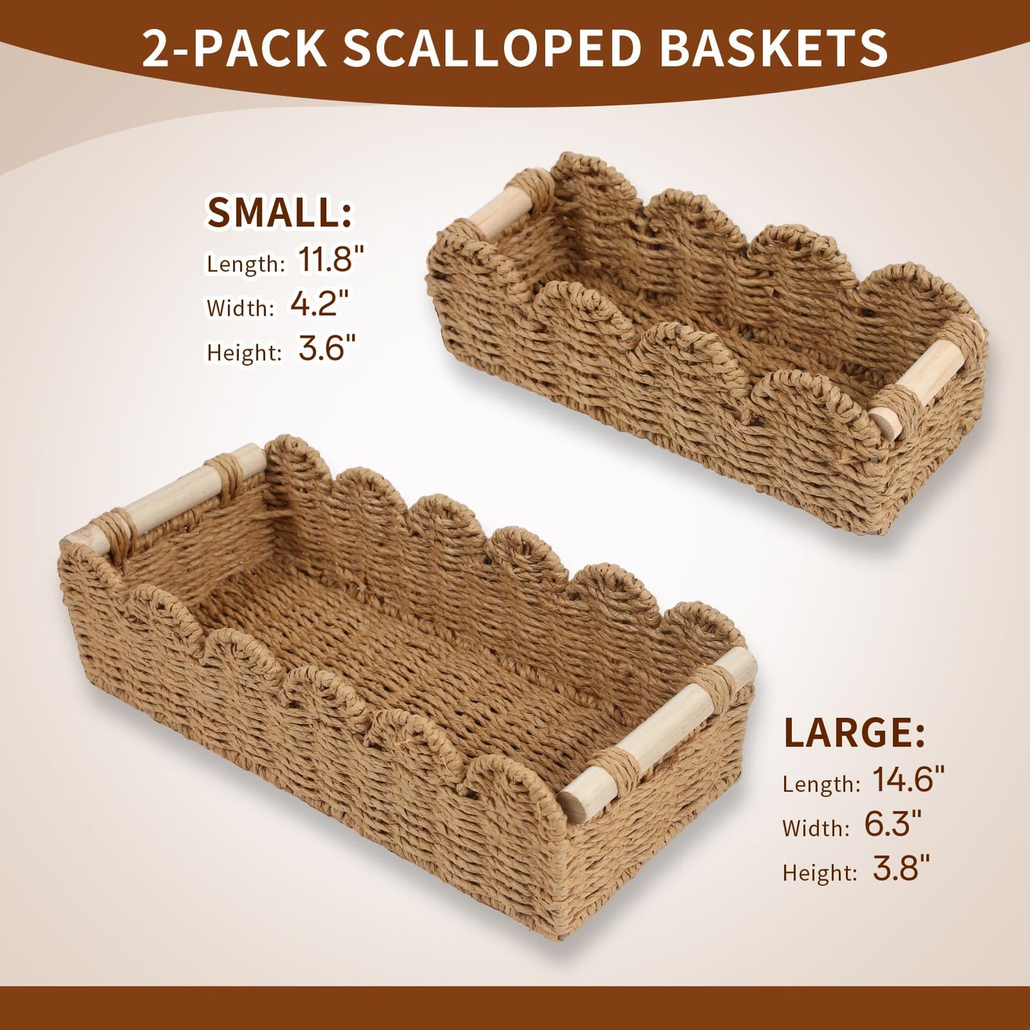 Paper Rope Storage Basket Set of 2 with Wooden Handles - Scalloped Toilet Paper Organizer, Cute & Functional Home Decor for Bathroom or Living Room (Beige)
