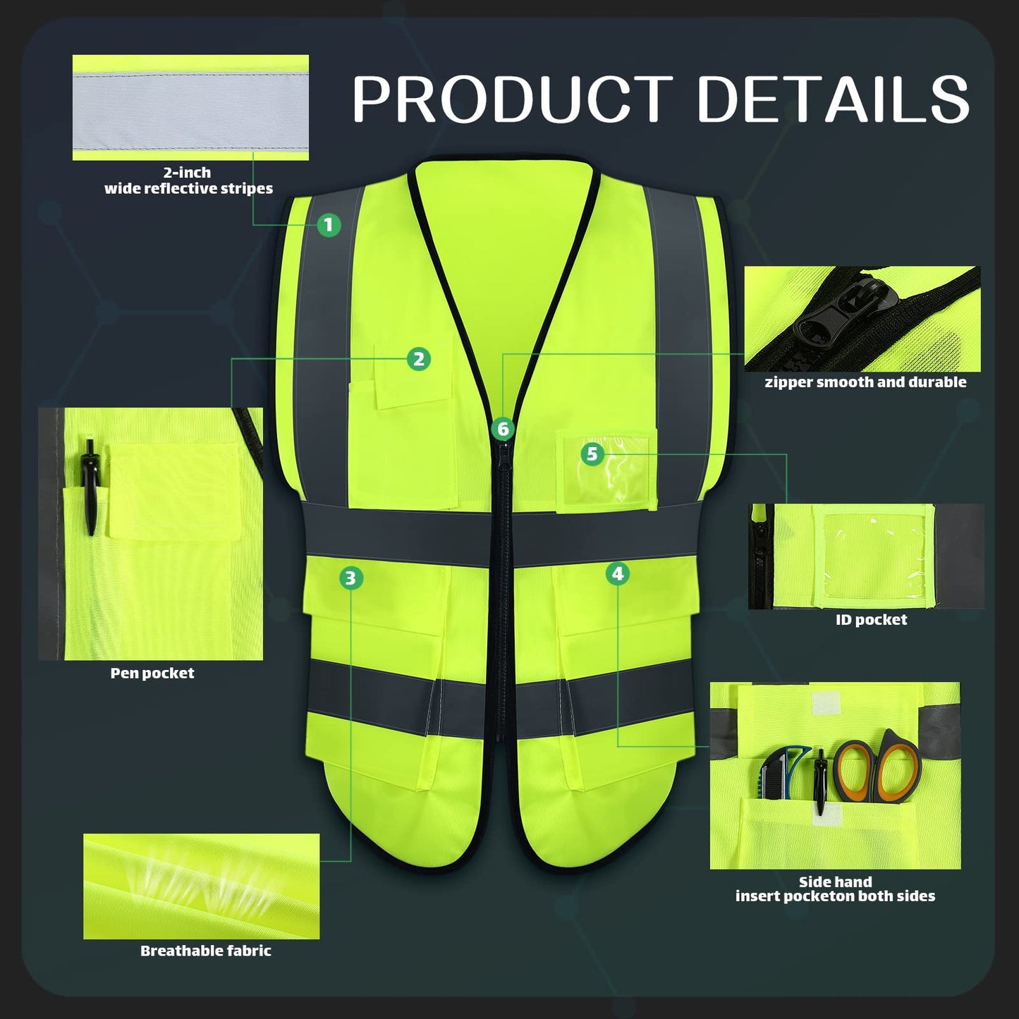 15 Pack Reflective Safety Vests with Pockets and Zipper Construction Work High Visibility Vest for Men Women(X-Large,Fluorescent Green)