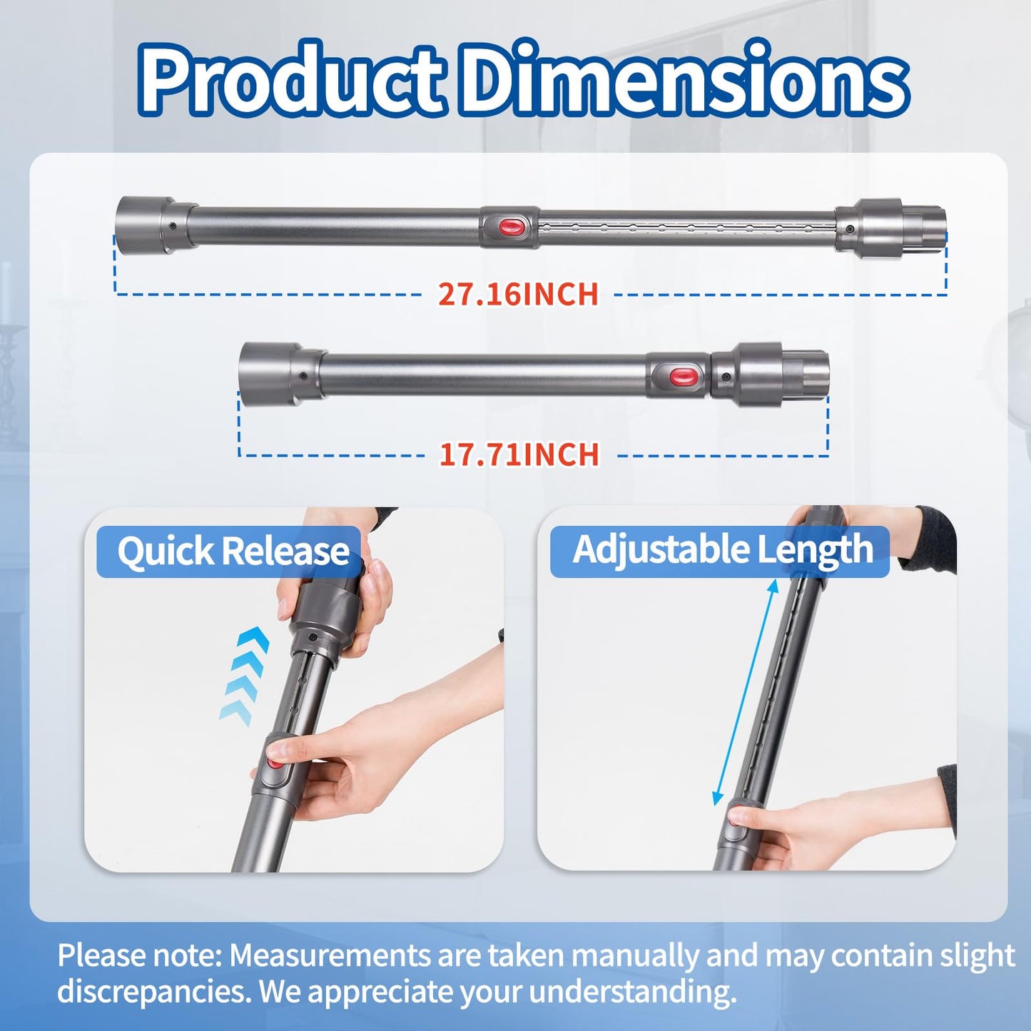 Extension Telescopic Wand Compatible with Dyson V7 V8 V10 V15 Vacuum Cleaner,Replacement Quick Release Rod Stick Adjustable Length Range 17.7 to 27.2 Inch (Grey)