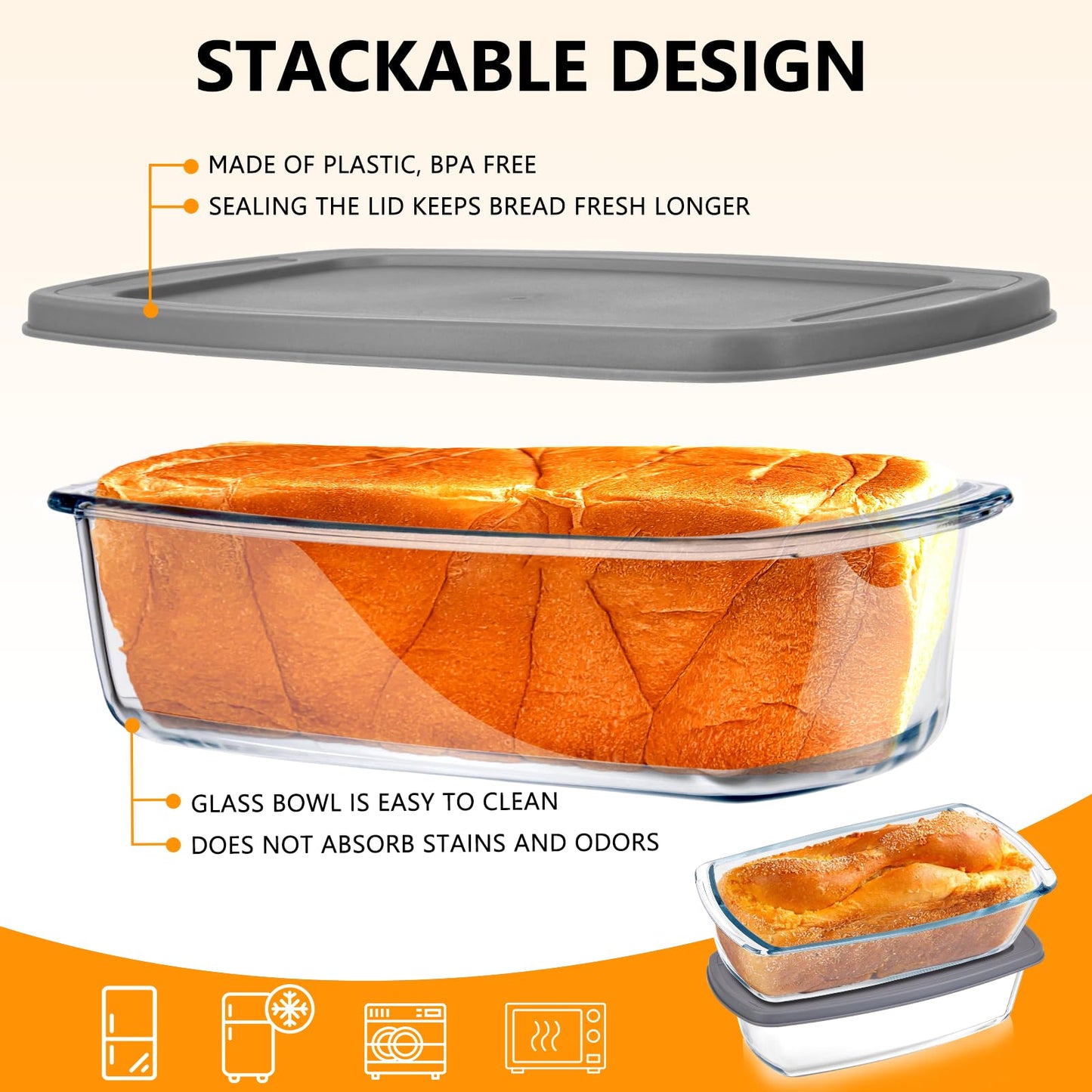 BAKEWAY Glass Loaf Pans for Baking Bread with Lids 2 Set - 1.9 Qt Glass Loaf Pan | Oven, Dishwasher, Fridge, Freezer & Microwave Safe, Bread Pan Suit for Lasagna, Meatloaf, Banana