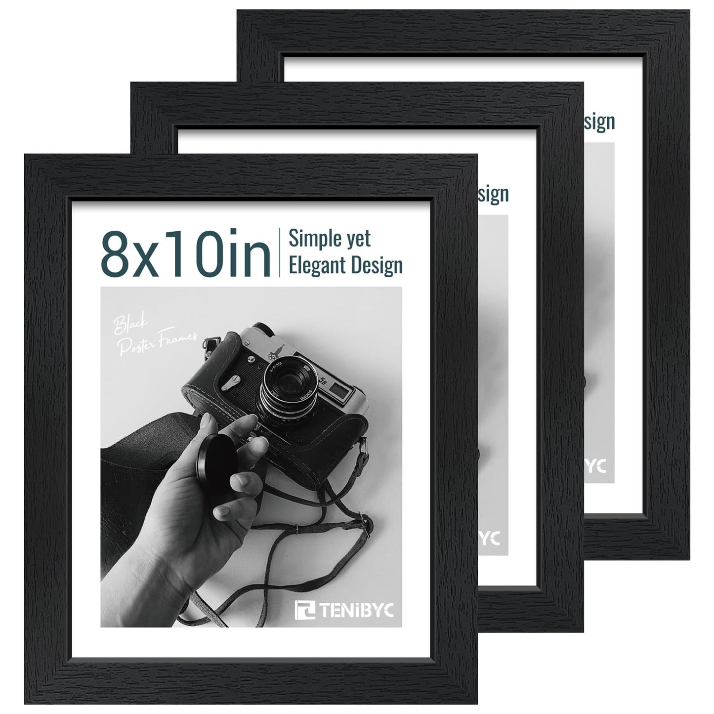 TENIBYC 8x10 Picture Frame Set - 3 Pack, Textured Black Solid Wood, HD Tempered Glass, Gallery Photo Frame, Table or Wall Display