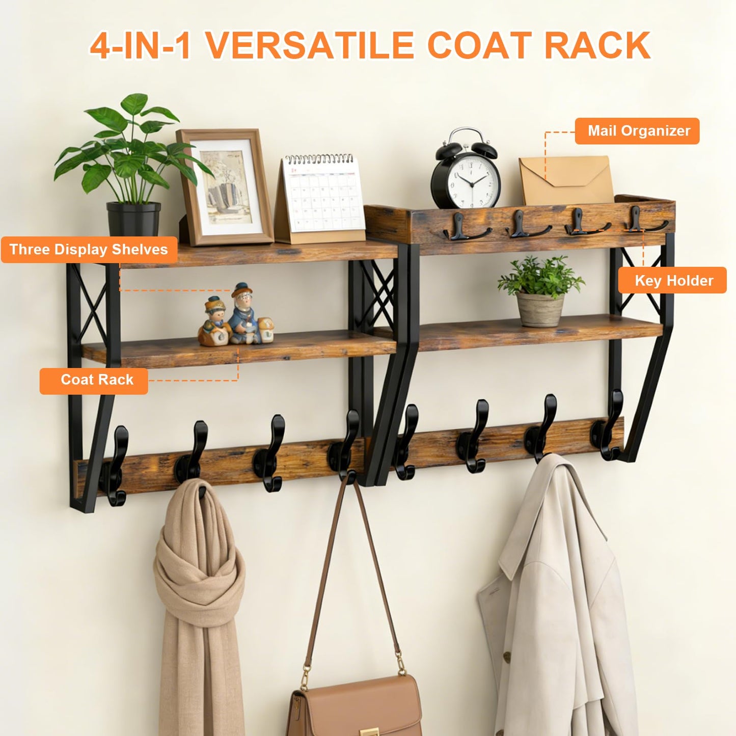 Upgraded 3-Tier Large Coat Rack Wall Mount with Shelf, 4 in 1 Versatile Coat and Key Hanger Wall Mount, 32-inch Entryway Wall Shelf with 12 Hooks and Mail Holder for Living Room Bedroom Bathroom