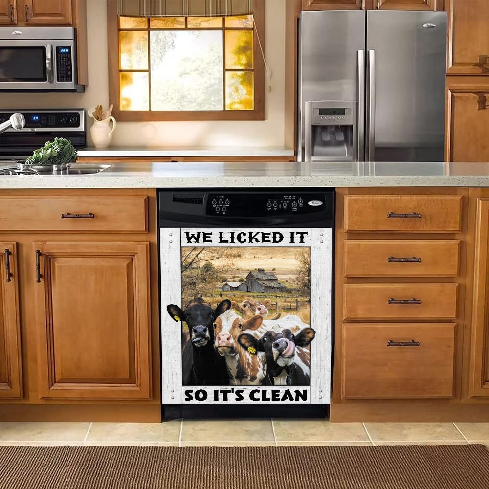 Homa Cow Magnet Dishwasher Cover, Rural Farm Decor Refrigerator Magnets Decorative Funny Fridge Magnetic Kitchen Decal Vinyl Panel Decorative, 23 inWx26 inH