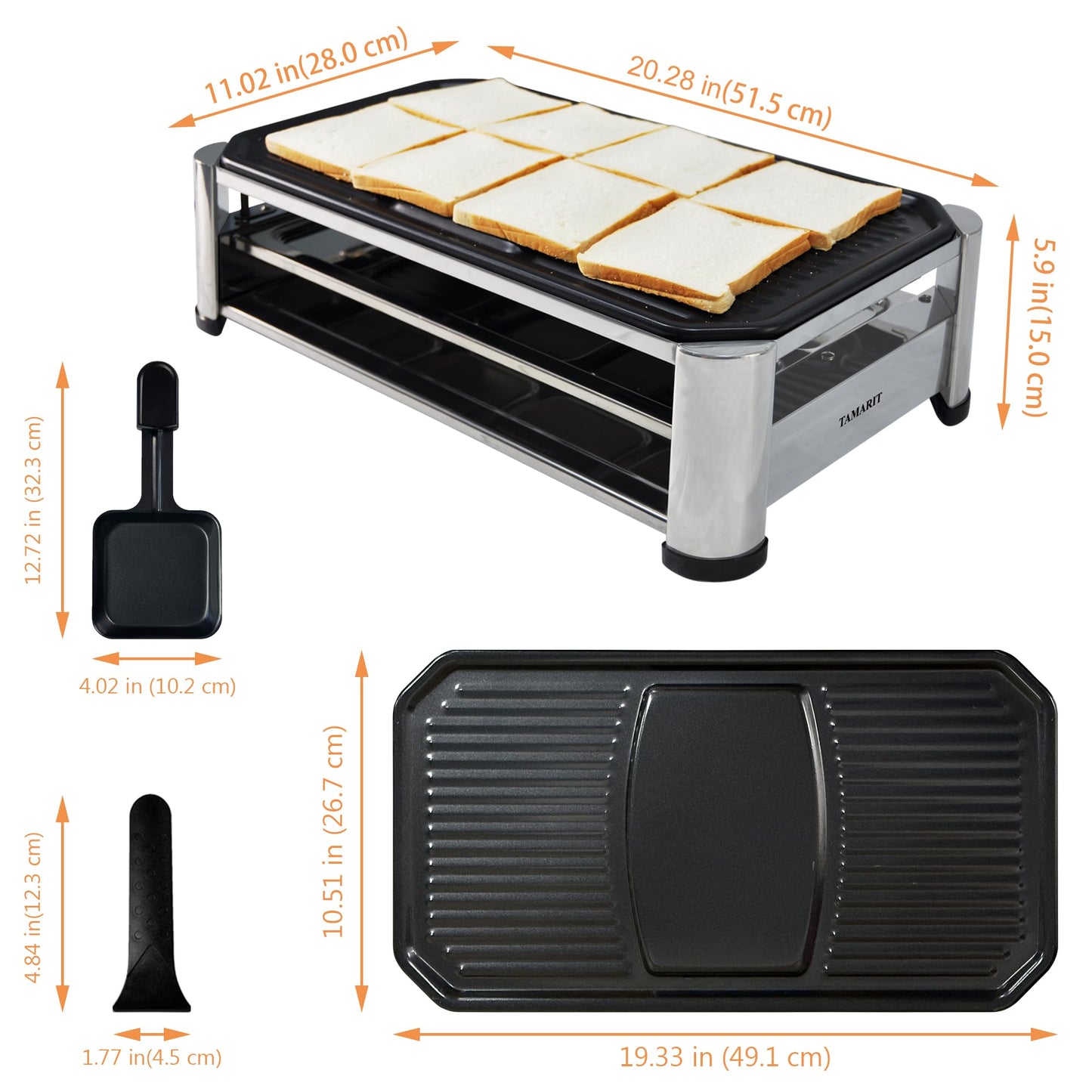 TAMARIT Raclette Cheese Table Grill Portable Electric Indoor Korean BBQ Griddle 1400 W Raclette Party Grill with Iron Nonstick Extra Large Cooking Plate for Home Party, Stainless Steel