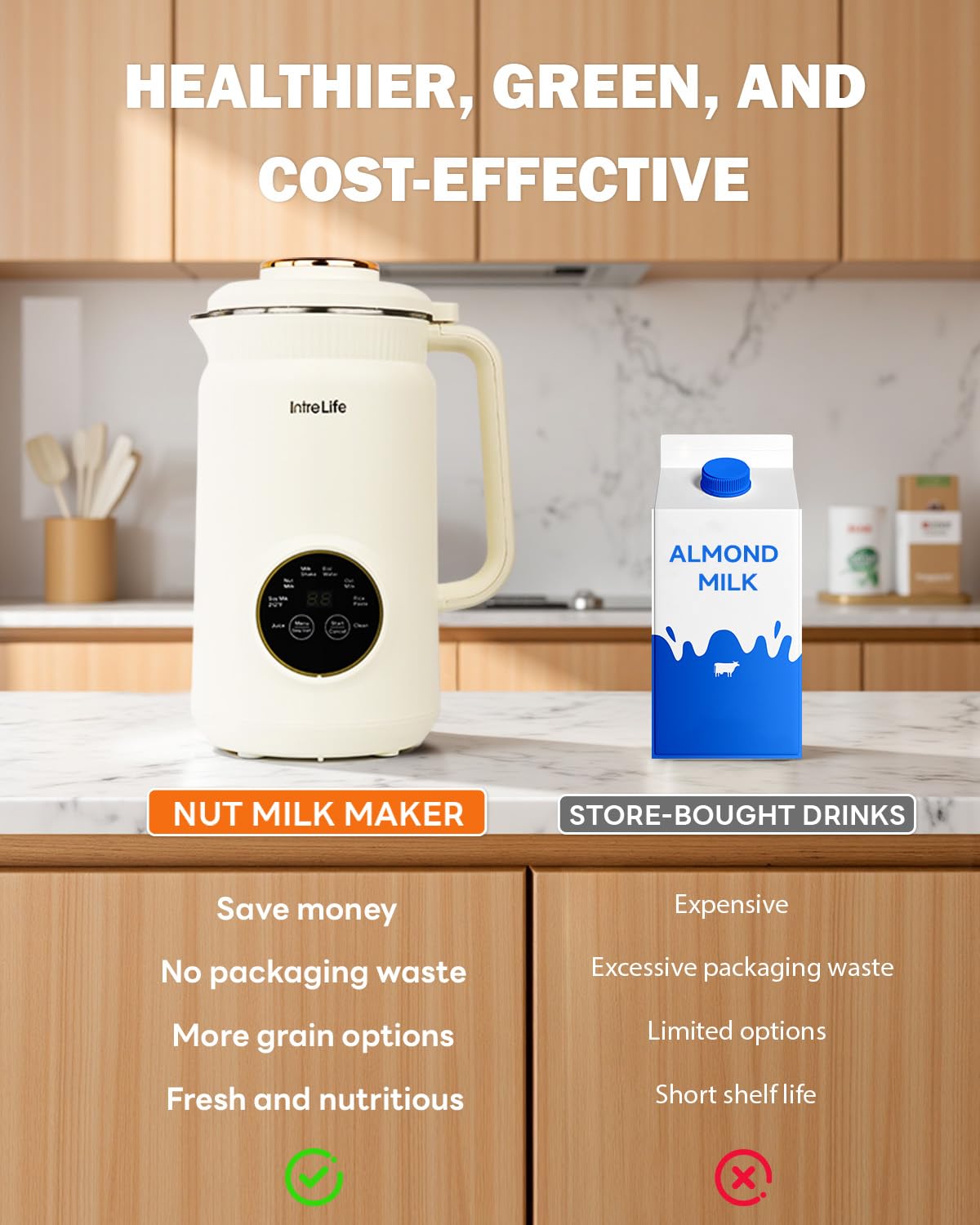IntreLife 34 oz Nut Milk Maker Machine, 8 in 1 Soy Milk Maker with Nut Milk Bag, Plant Based Milk Maker for Almond, Oat, with Delay Start/Keep Warm/Self Cleaning, Cream