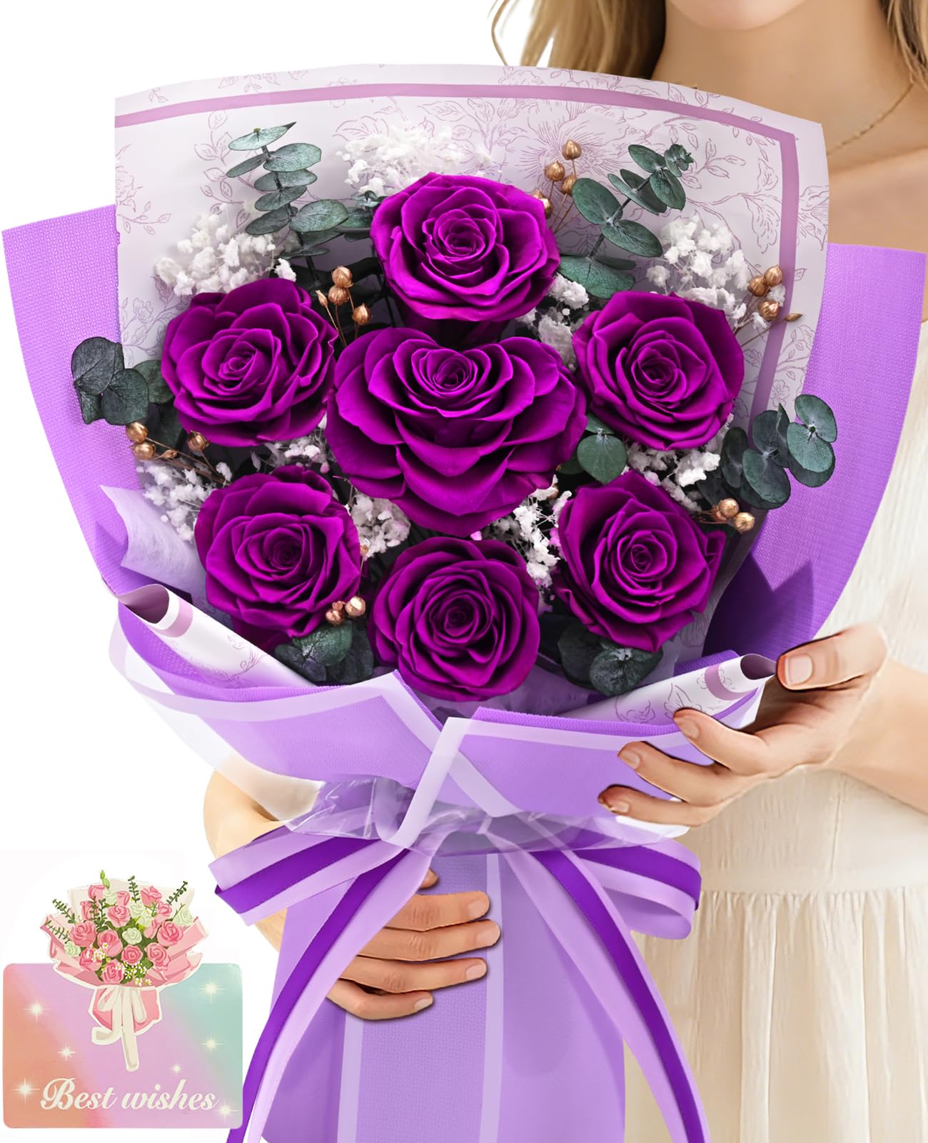 Forever Rose Flowers for Delivery Mothers Day Gifts, 7-Piece Purple Preserved Roses Flowers Bouquet with Vase Gift Box, Long-Lasting Flower Bouquet for Mom Her Women Wife Girlfriend Mothers Day