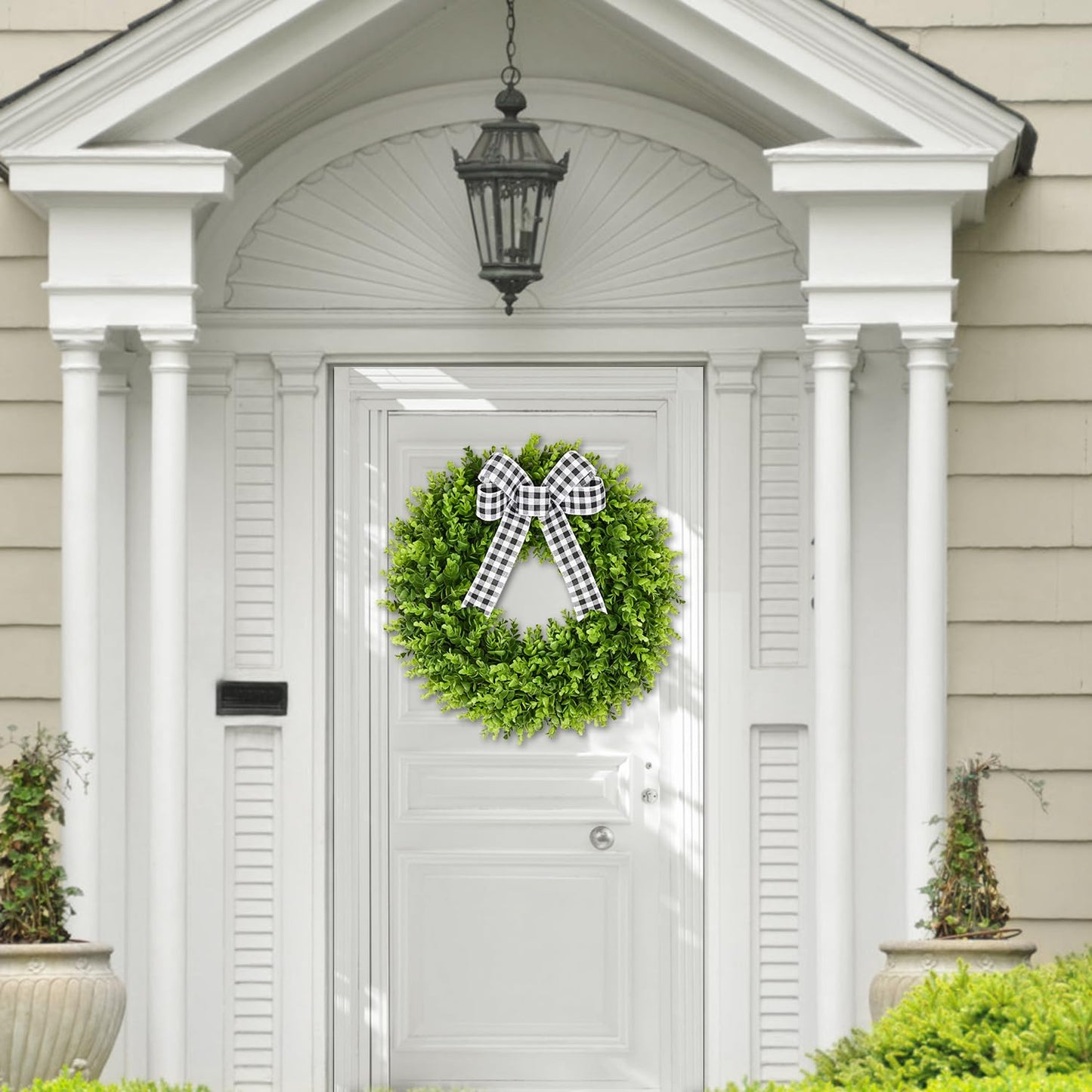 Vlorart 20" Boxwood Wreath for Front Door with Sash & Plaid Bow, Full Lush Artificial Greenery Wreath for Spring Summer Farmhouse Wall, Window & Wedding Decor