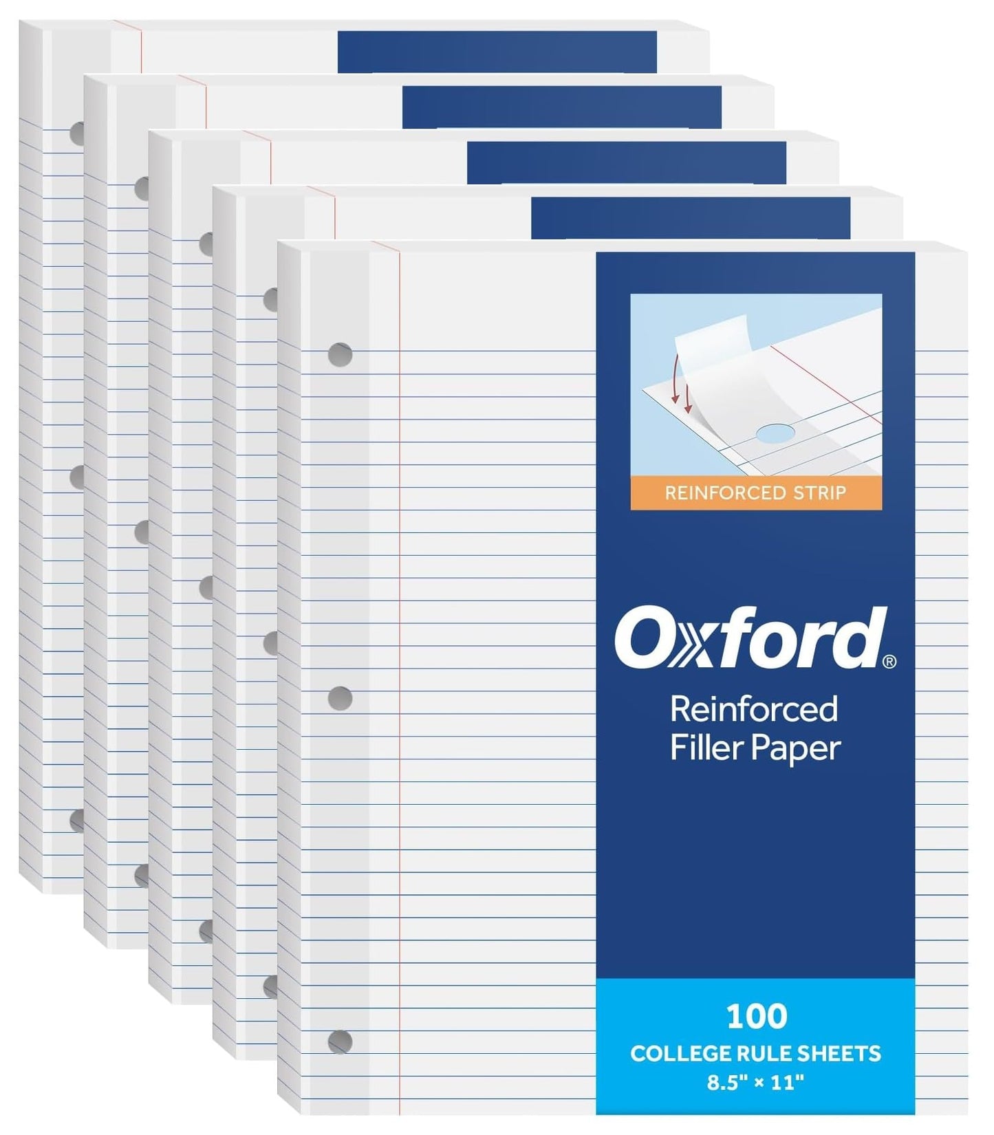 Oxford Reinforced Filler Paper, 8.5 x 11 Inch, College Rule, 3 Hole Punched, Lined Loose Leaf Paper for Ring Binders, 500 Sheets, White (1002097)