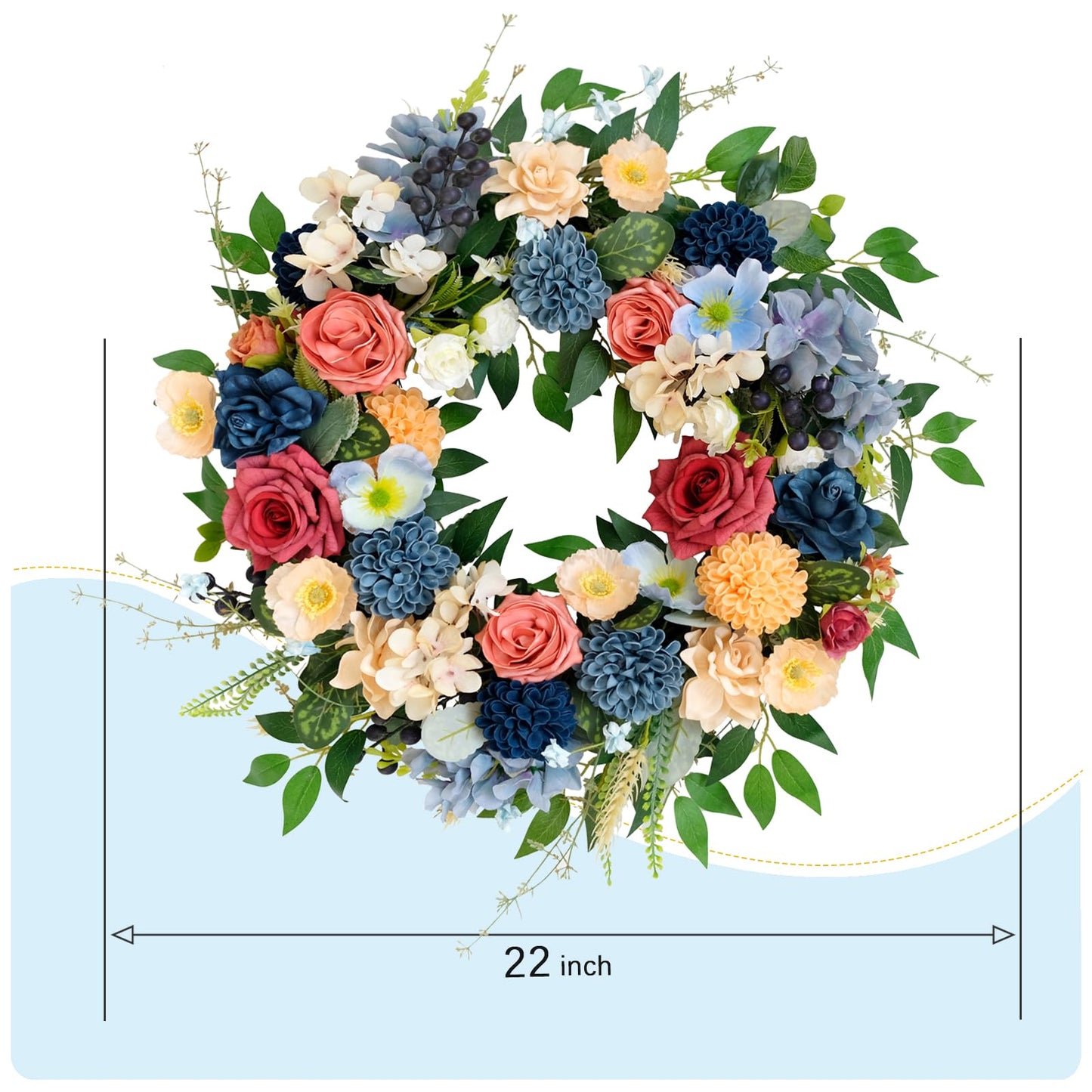 vivimemo 22 inch Spring Wreath Artificial Flower Wreaths Spring Summer Yellow Blue Rose Hydrangea Wreaths Front Door Hallway Window Decoration Wedding Birthday Decoration