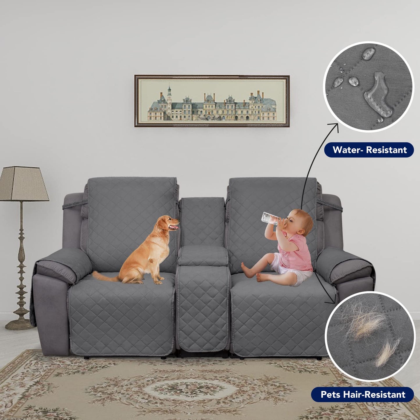 PureFit Water Resistant Reversible Loveseat Recliner Couch Cover for Double with Console – Non Slip Split Sofa Cover, Washable Reclining Cover for 2 Seat Recliner (2 Seat, Gray/Light Gray)