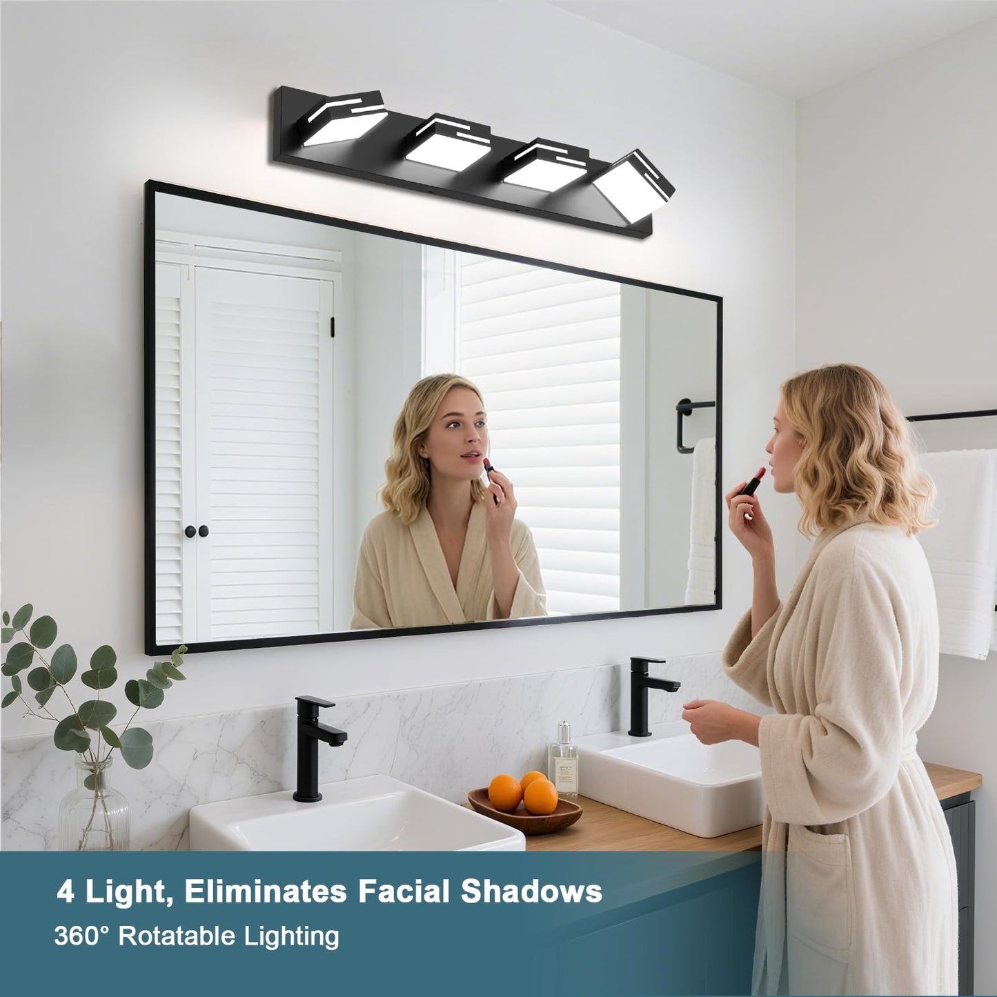 LKHF LED Modern Bathroom Vanity Light Fixtures, Dimmable Matte Black Vanity Lights for Bathroom Lighting Fixtures Over Mirror, with 360° Rotatable Acrylic Heads 4-Light 28-inch (Cool White 6000K)