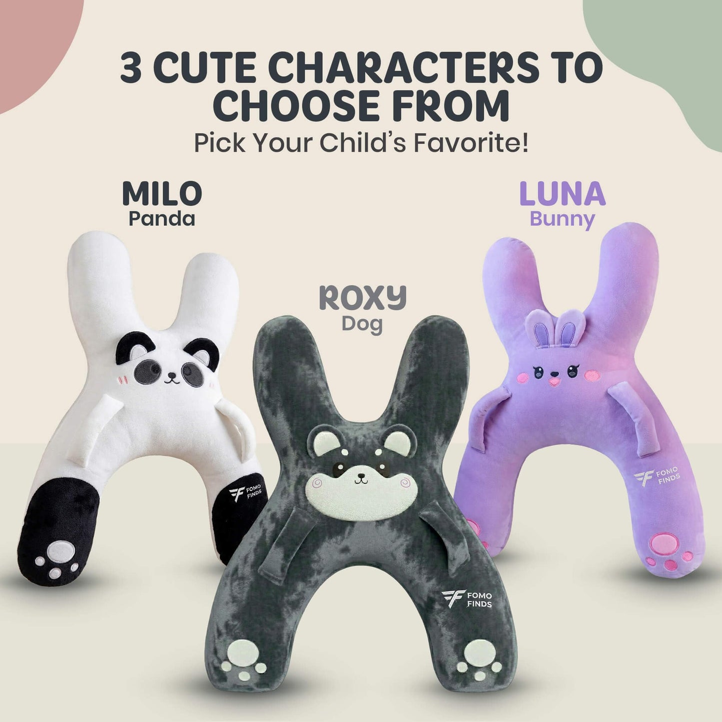 FOMO Finds Kids Car Sleeping Pillow - X-Shaped Plush Animal for Neck & Back Support - Hands & Seat Belt Slot - Machine Washable & Compressible - Perfect for Car, Plane, Train, Boat & More - Purple