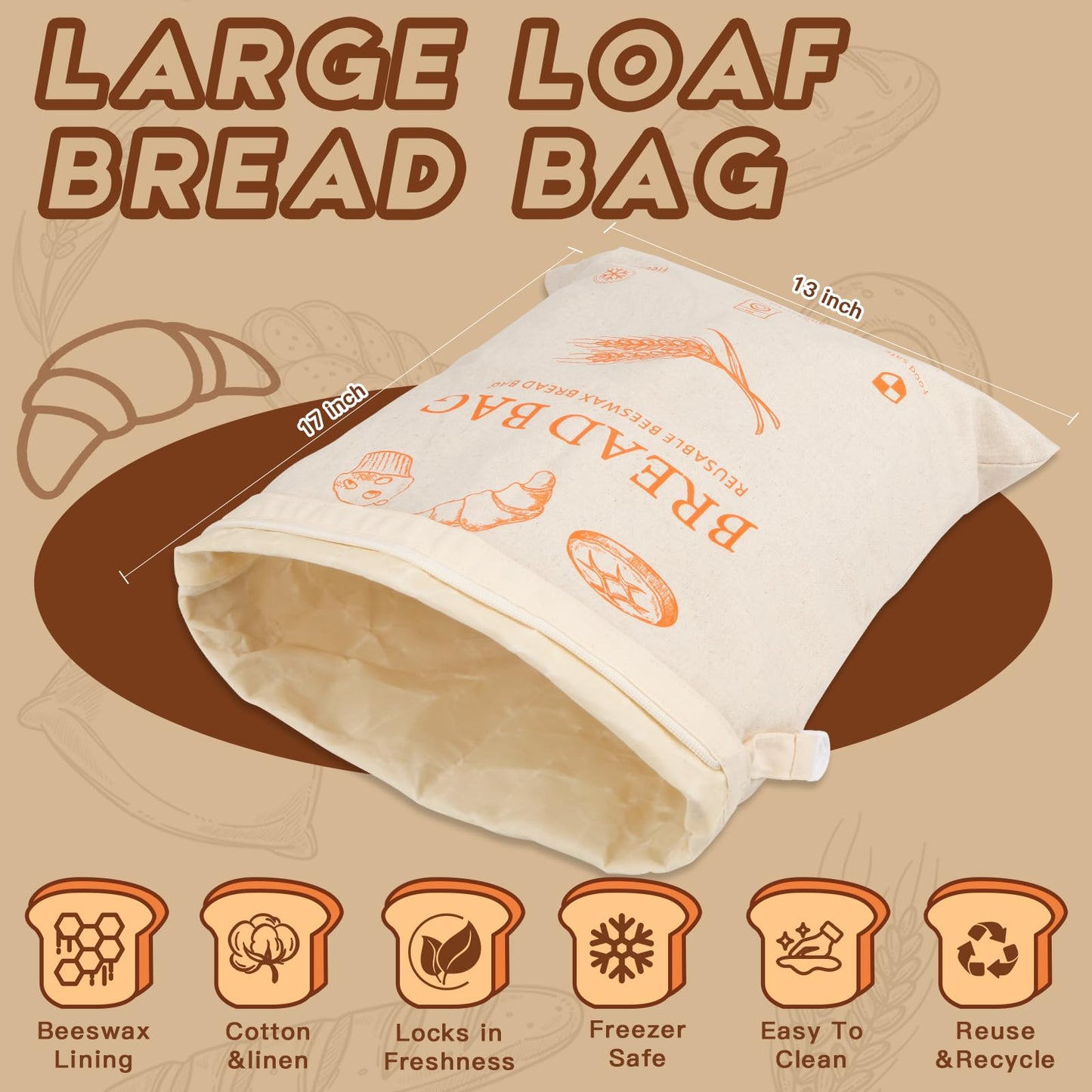 HOYEEFOU 2-Pack Reusable Beeswax Bread Bags for Homemade Bread & Sourdough,Eco-Friendly Bread Storage with Zipper Seal, Freshness Keeping & Freezer Safe, 17"x13" Linen Bags, Bakery Essentials