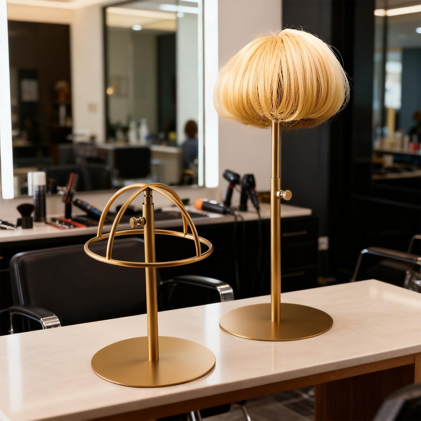 MCKECHSION Hat Display Stand 2PCS Stainless Steel Brushed Nickel Titanium Hat Stand Metal Golden Adjustable Height Cap Rack Showcase Fingerprint Resistant for Home Boutique Retail Store