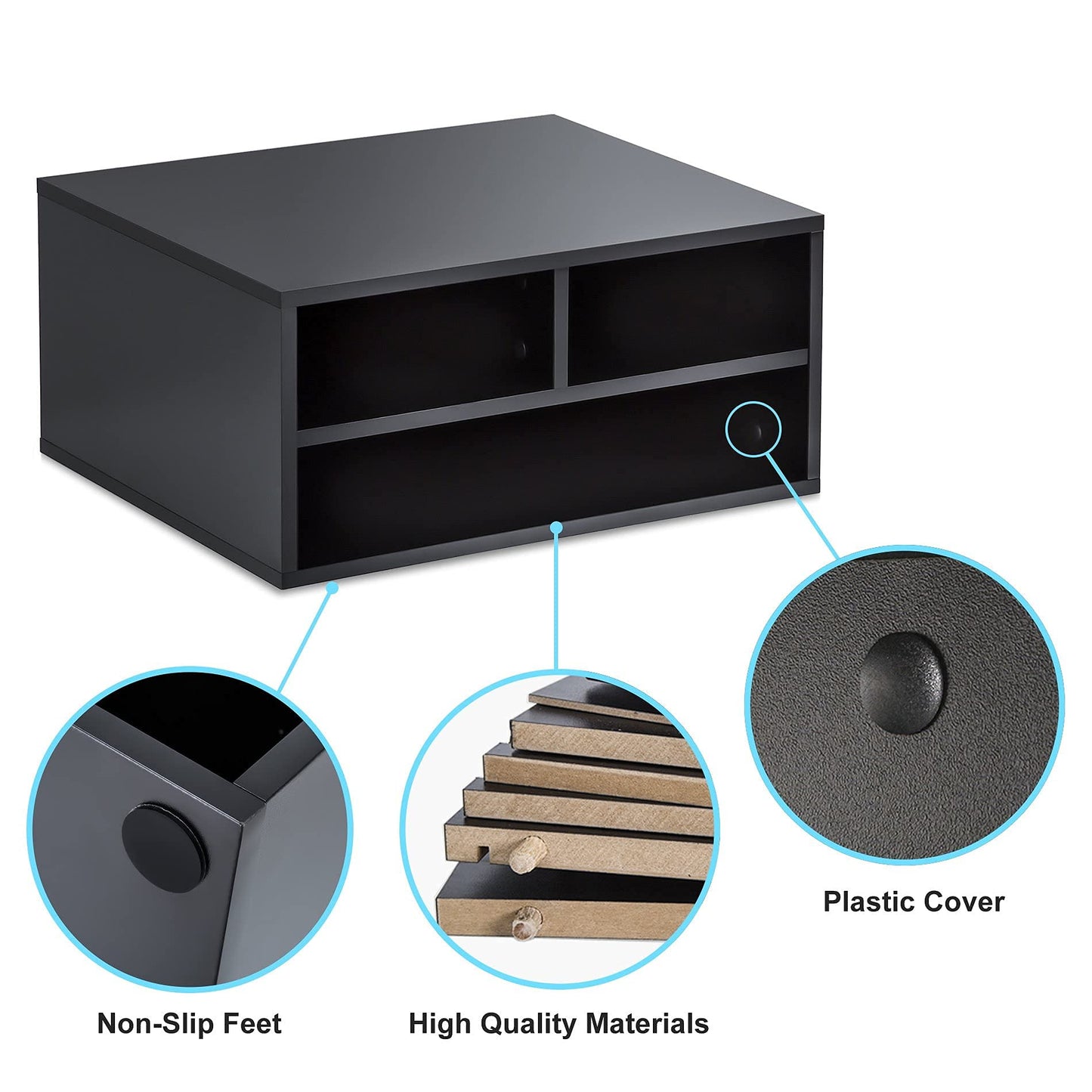 FITUEYES Large Printer Stands with 3 Storage Compartments, Desktop Paper Organizer Shelf for Home Office, 2-Tier Printer Riser, Black, 18.9" L x 15.7" W x 8.7" H