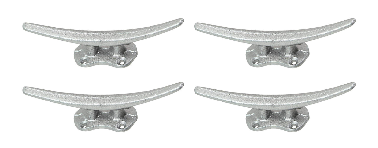 Zeckos Set of 4 Metallic Silver Finish Cast Iron Boat Cleat Wall Hooks/Drawer Pulls Cabinet Handles - Nautical or Coastal Décor - Easy Install - 5.75 Inches Long