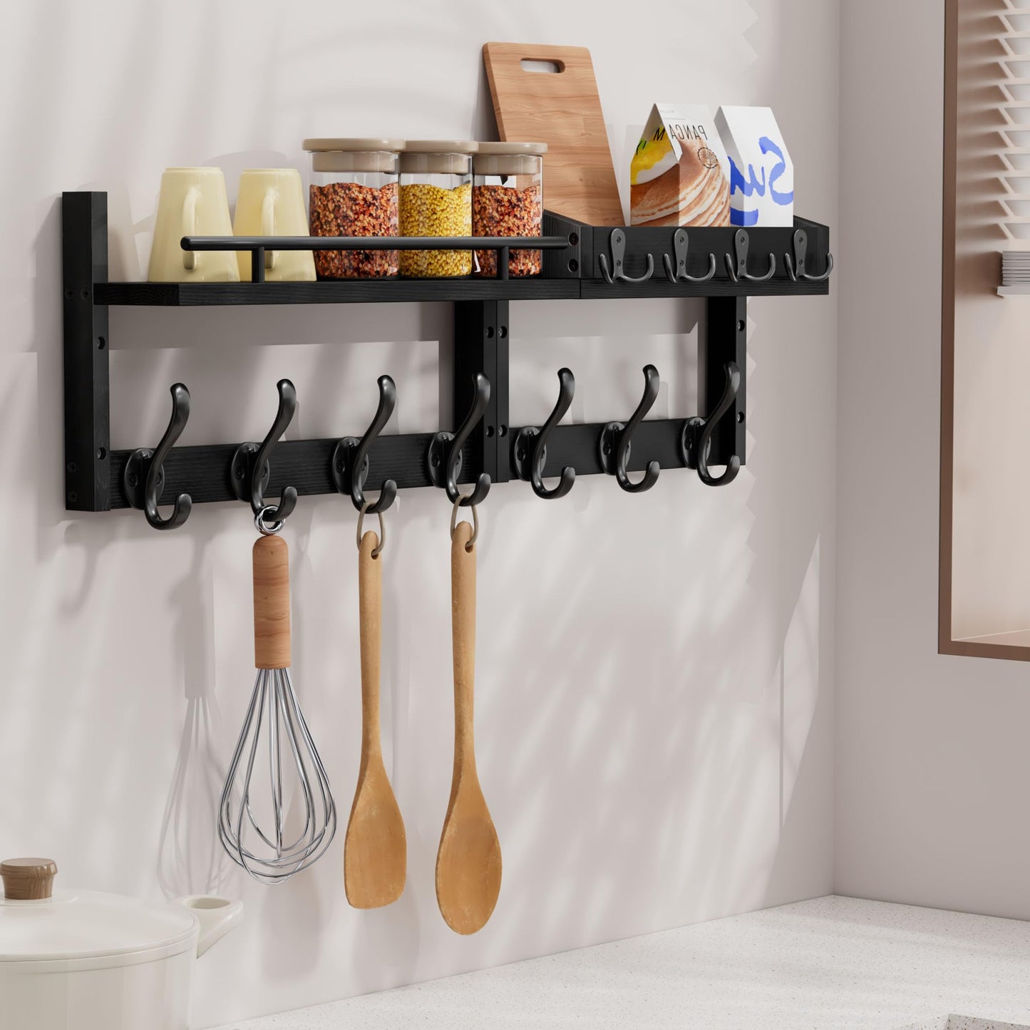 Segtenant 29 inch Coat Rack Wall Mount with Shelf, Heavy Duty Coat Hooks Wall Mount, Entryway Coat Hanger Wall Shelf with Key Holders and Mail Organizer for Living Room, Bedroom, Bathroom, Black