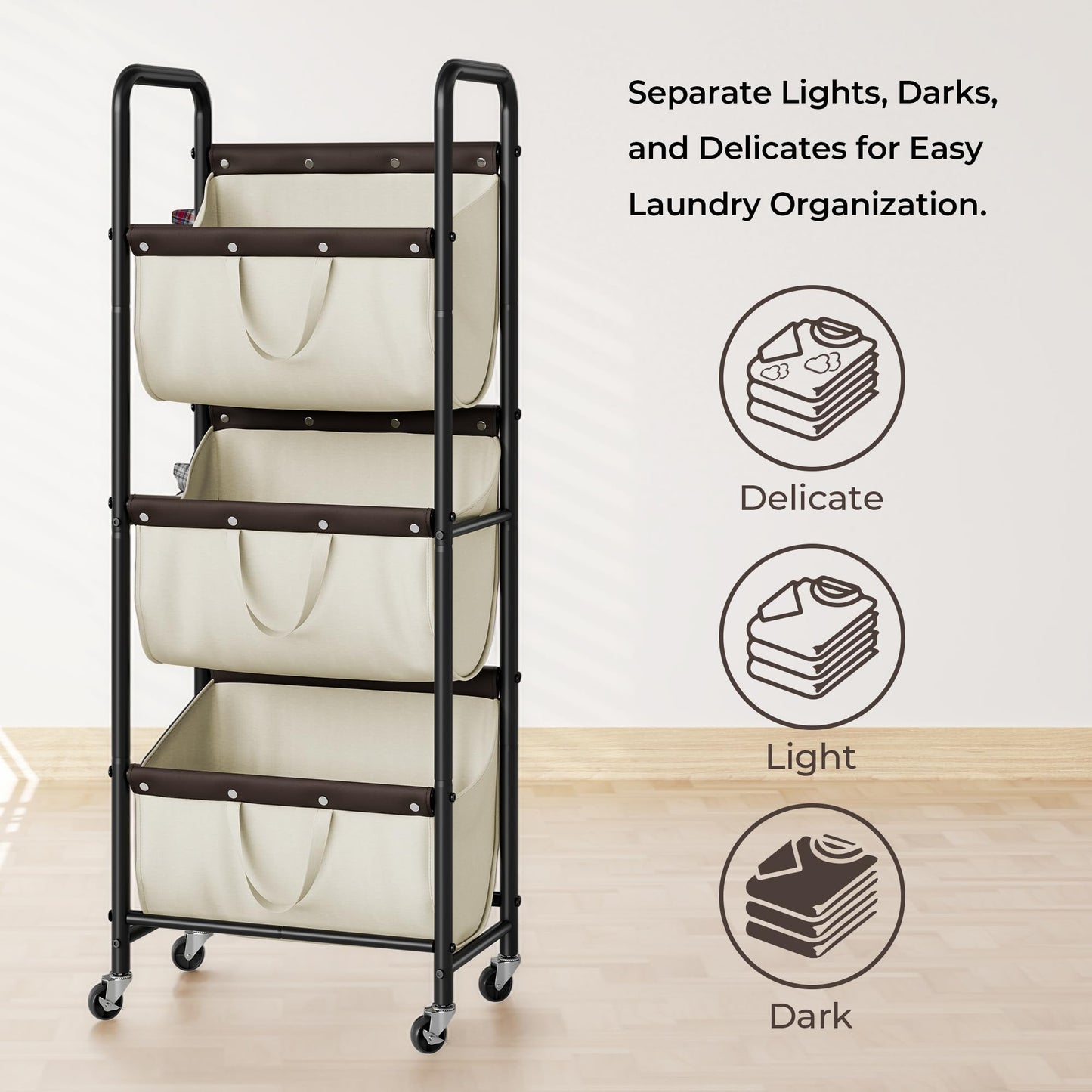 GRANNY SAYS 3 Tier Laundry Sorter, Laundry Basket with Wheels, Laundry Room Organization and Storage, 3 Section Rolling Laundry Cart for Dorm, Bathroom, Bedroom, Closet, Beige