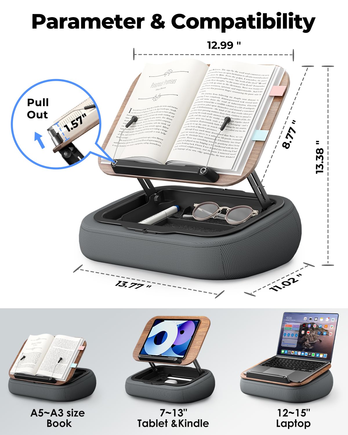 Viozon Lap Book Pillow Stand with Storage, Adjustable Beanbag Reading Pillow with Dark Wood Panel, Multi-Angle Book Holder for Hands-Free Reading in Bed or Sofa,Book Lover Essential, Soft Cushion