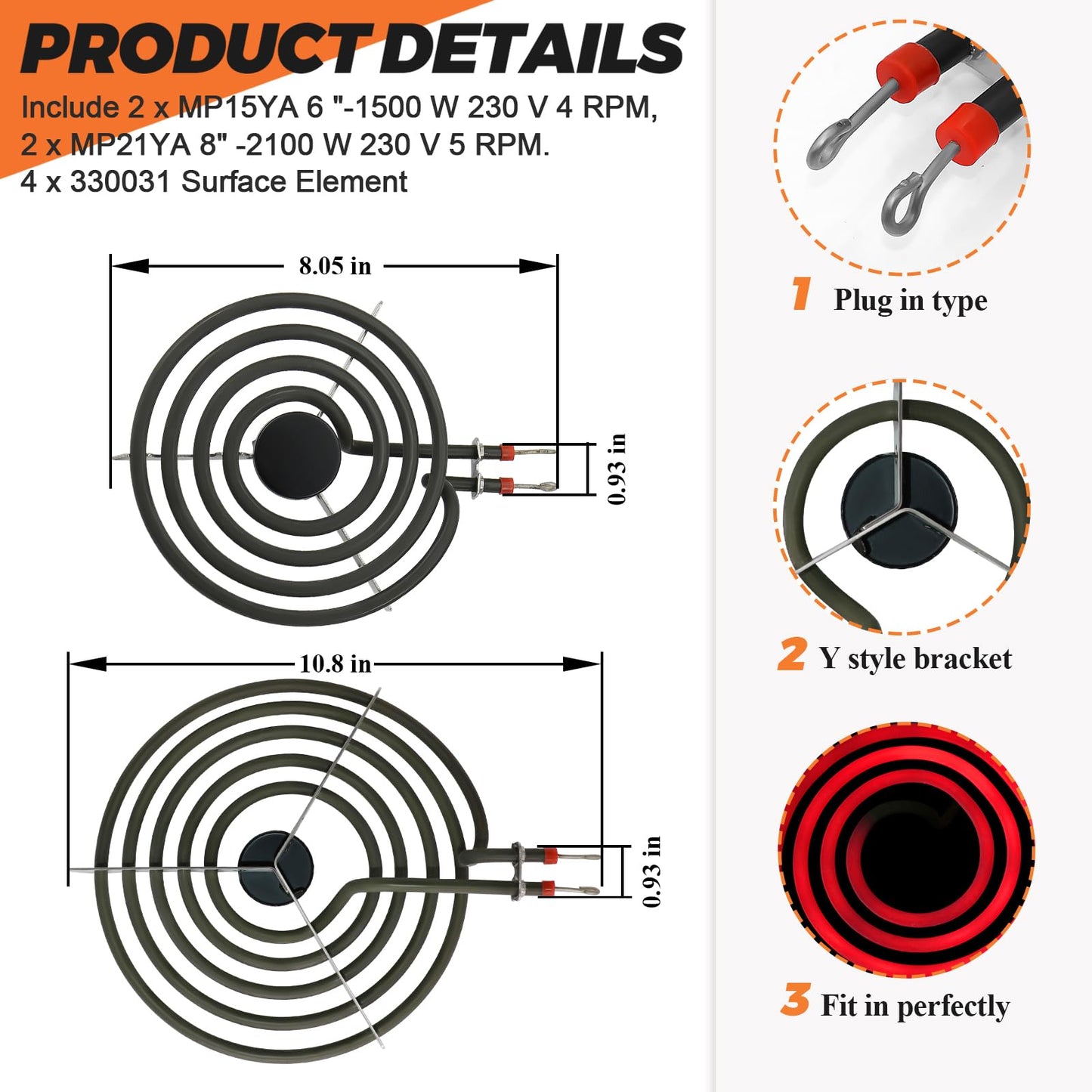 【2026 UPGRADED】MP22YA Electric Range Burner Element Unit Set(2 pcs MP15YA 6" & 2 pcs MP21YA 8") with 4 Pack 330031 Surface Element Receptacle Kit for Whirlpool Ken-more Ranges/Stoves by Beaquicy