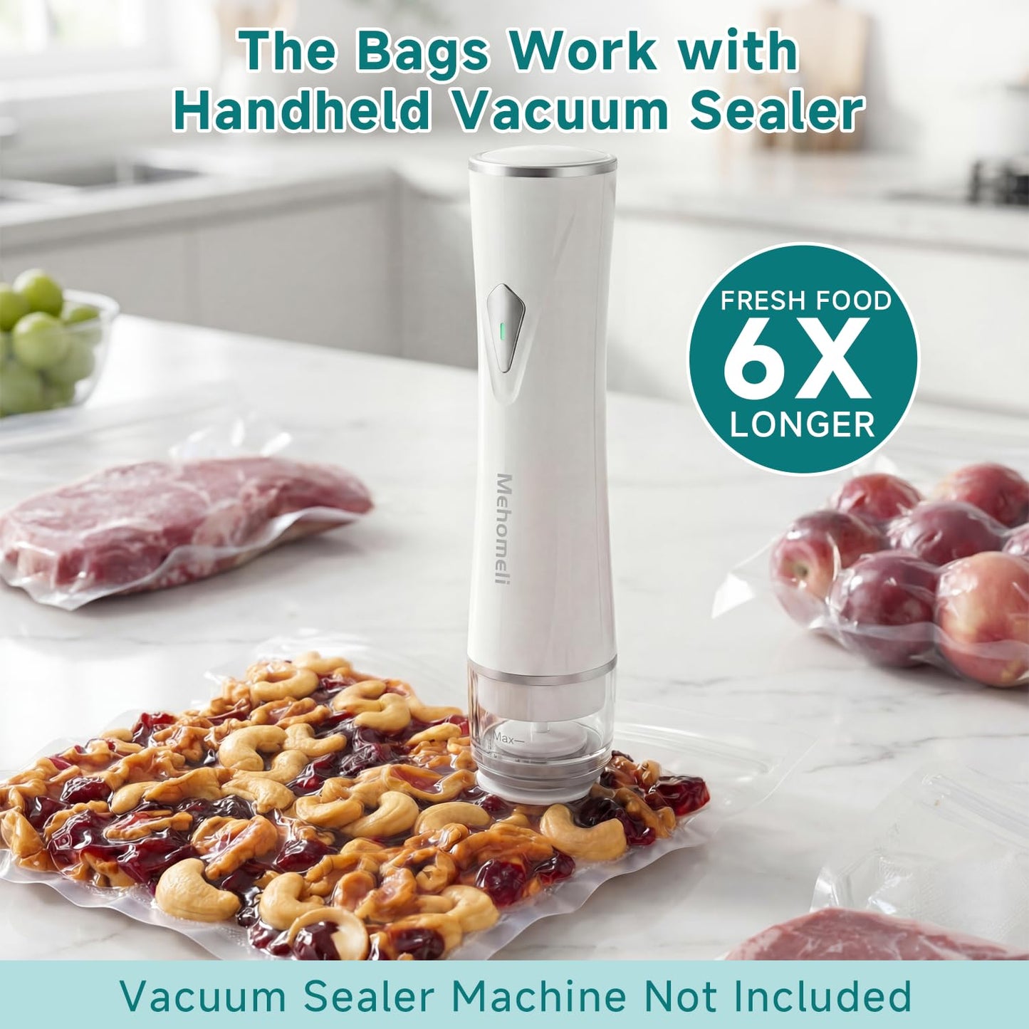 Mehomeli Reusable Vacuum Sealer Bags for Food – 30 BPA-Free Large (11.8 x 13.4in) Food Storage Bags, Freezer Microwave Safe, Odor-Resistant, Leak-Proof – Compatible with Handheld Vacuum Sealers