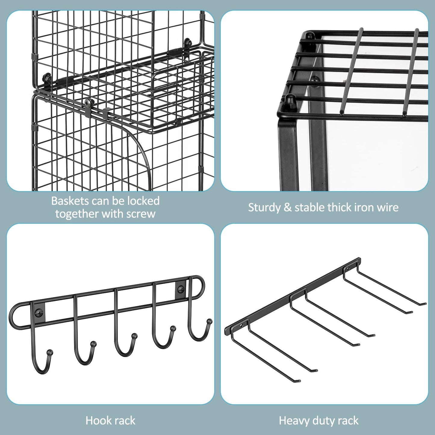 ThreeHio Garage Shelf Wall Mounted with Wire baskets, Heavy Duty Garage Wall Shelving with Garden Tool Rack and Hooks, Wire Shelf Baskets Tool Organizer for Home Garden Yard Organization and Storage