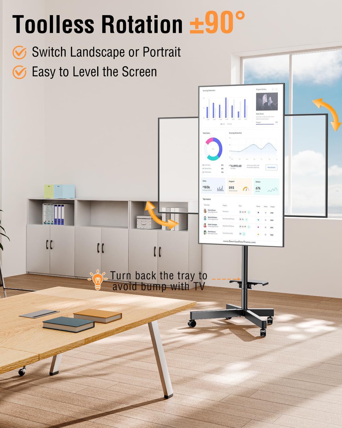 ELIVED Rolling TV Stand for Most 23"-60" TVs, Mobile TV Cart 90° Rotation Landscape to Portrait, Height Adjustable Floor TV Stand with Extendable Base, Max VESA 400x400mm, Up to 77 Lbs