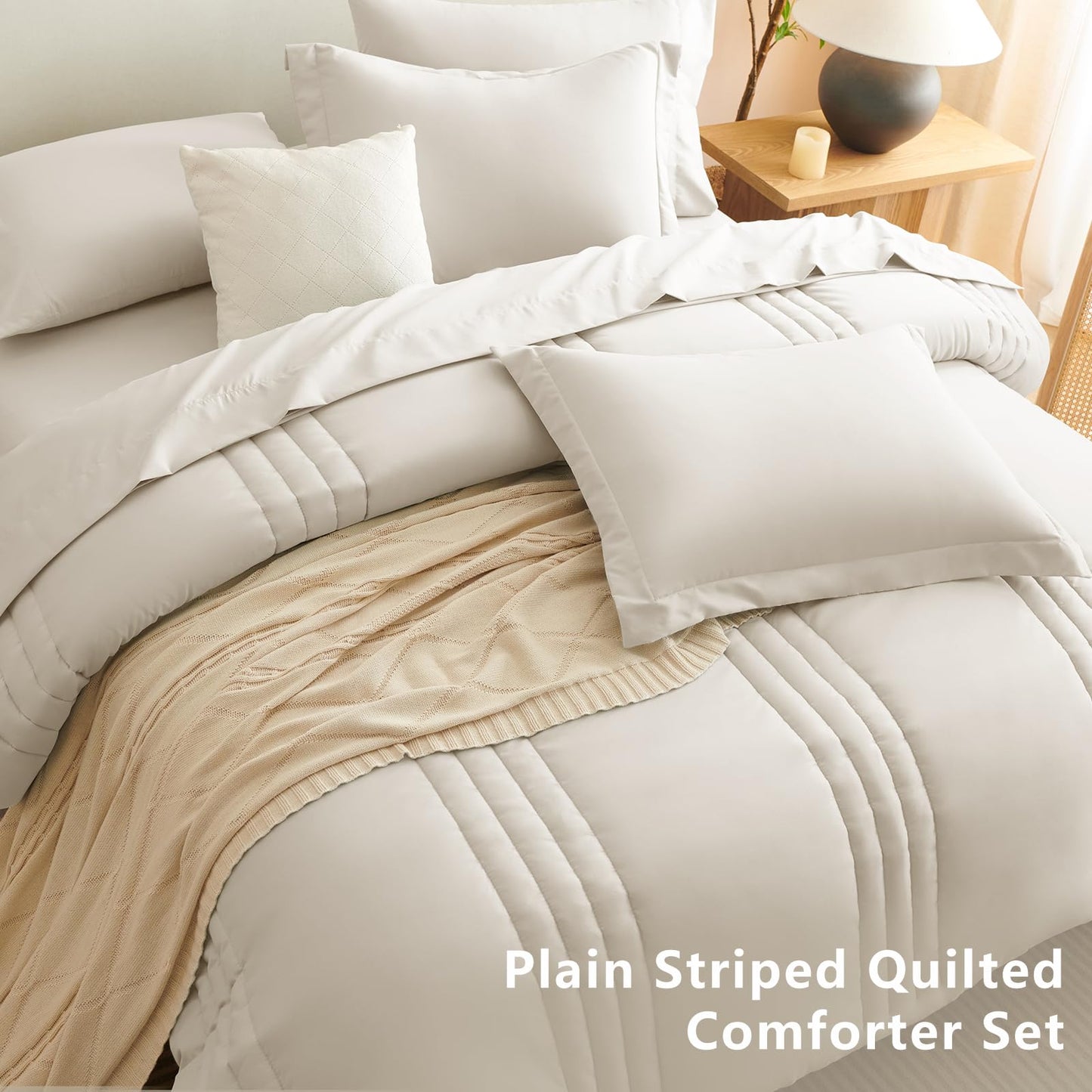 CozyLux King Size Comforter Set Beige - 7 Pieces Bed in a Bag, Modern Vertical Quilted Room Decor, Soft All-Season Bedding Gift with Comforter, Sheets, Pillowcases & Shams