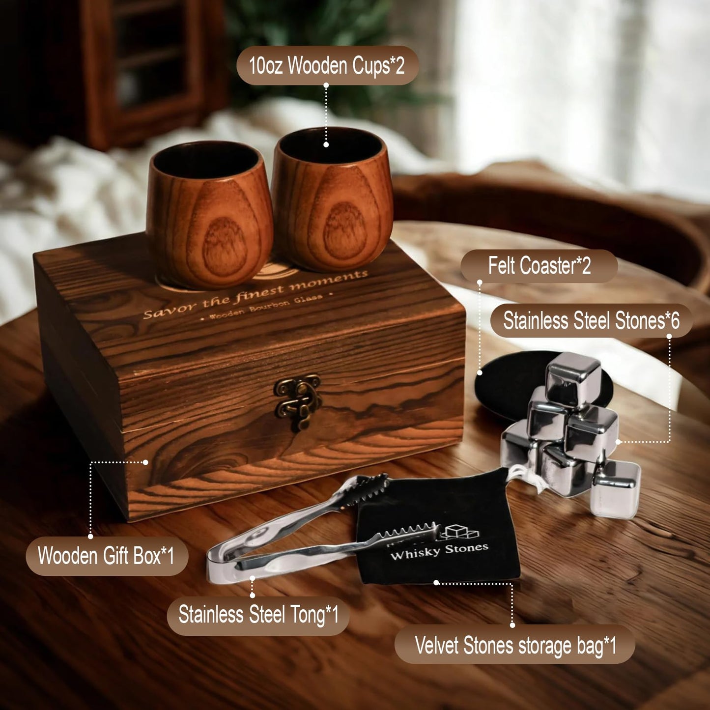 Charred Wooden Bourbon Drinking Glass, Bourbon Gifts for Men, Handcrafted Retirement Whiskey Glasses for Dad, Great Whiskey Gifts for Men, Perfect Presents for Boyfriend Father Friends, 2 Set Cup