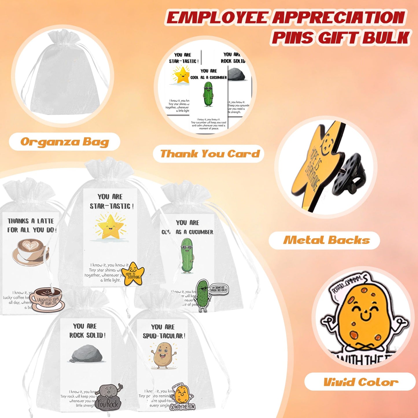 SINCCO 25/50/100 Sets Employee Appreciation Gifts Bulk, Small Team Appreciation Gift for Employees Of The Month Lapel Pins With Inspirational Thank You Cards for Office Coworkers Staff