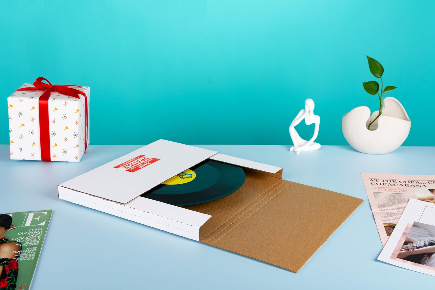 Kayritonz Vinyl Record Mailers, 12.8x12.8x1 inch Corrugated Cardboard Album Shipping Boxes for Mailing Packaging Moving Storage, with Fragile Stickers, White, 15 Pack