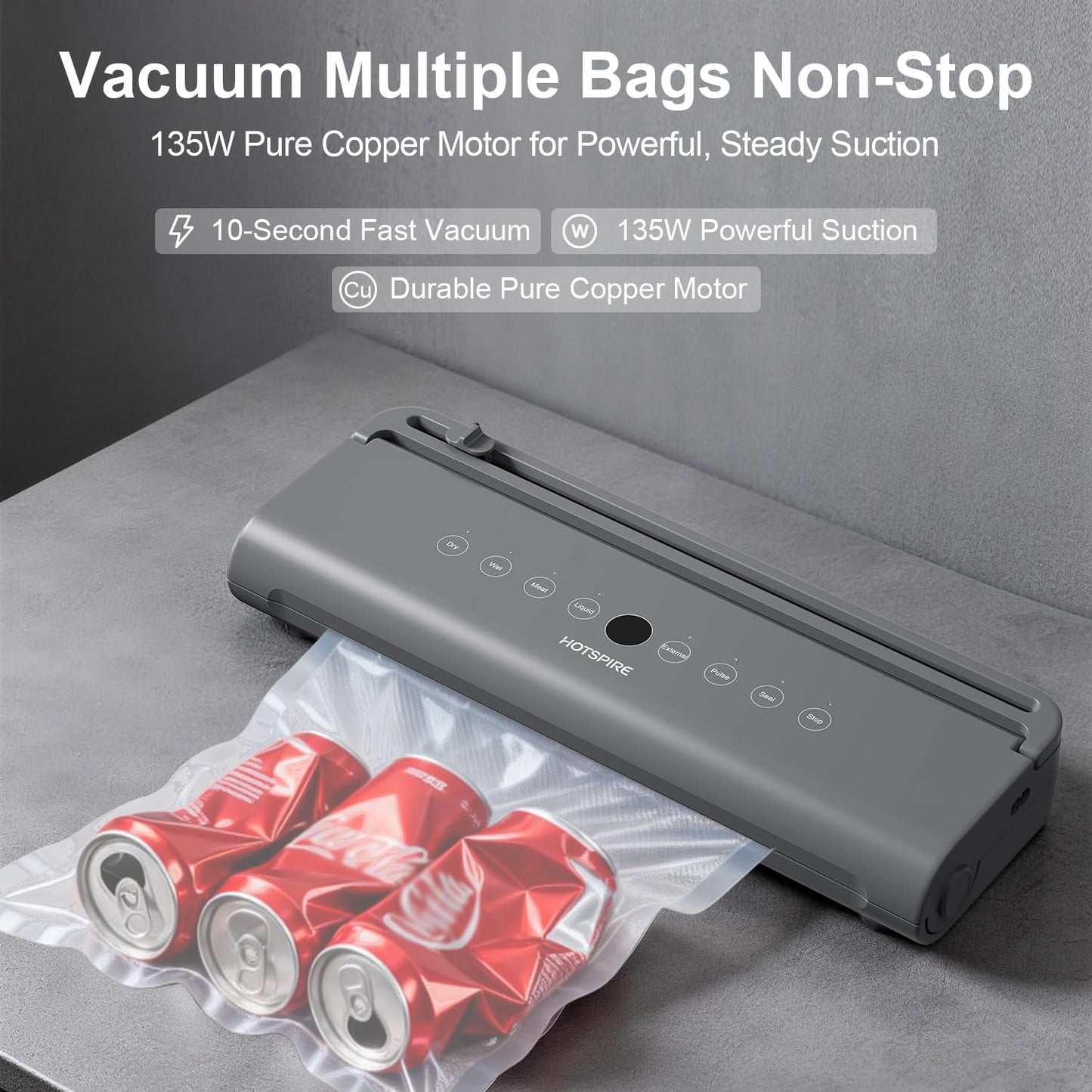 HOTSPIRE Food Vacuum Sealer Machine, Powerful & Continuous Vacuum Sealing for Kitchen Storage & Meal Prep, Wet & Dry Food Sealing, Detachable Upper & Lower Design for Easy Cleaning, Includes 50 Bags