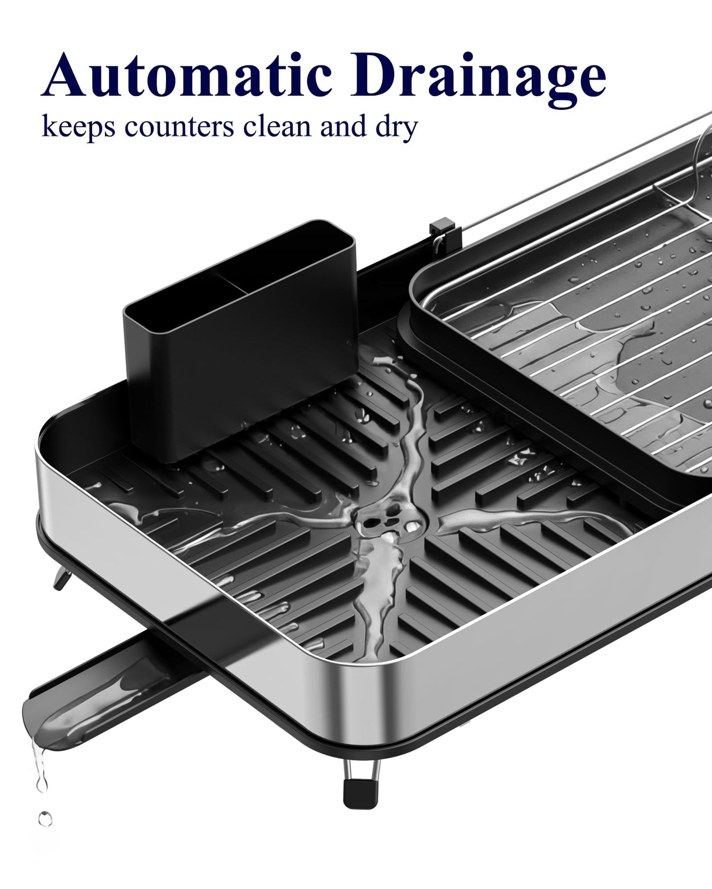 Kitsure Dish Drying Rack - Expandable Stainless Steel Dish Racks for Kitchen Counter, Auto-Drain Drying Rack for Kitchen with Cutlery Holder & Non-Slip Feet, 16.1-26.6" L x 12.6" W, Black