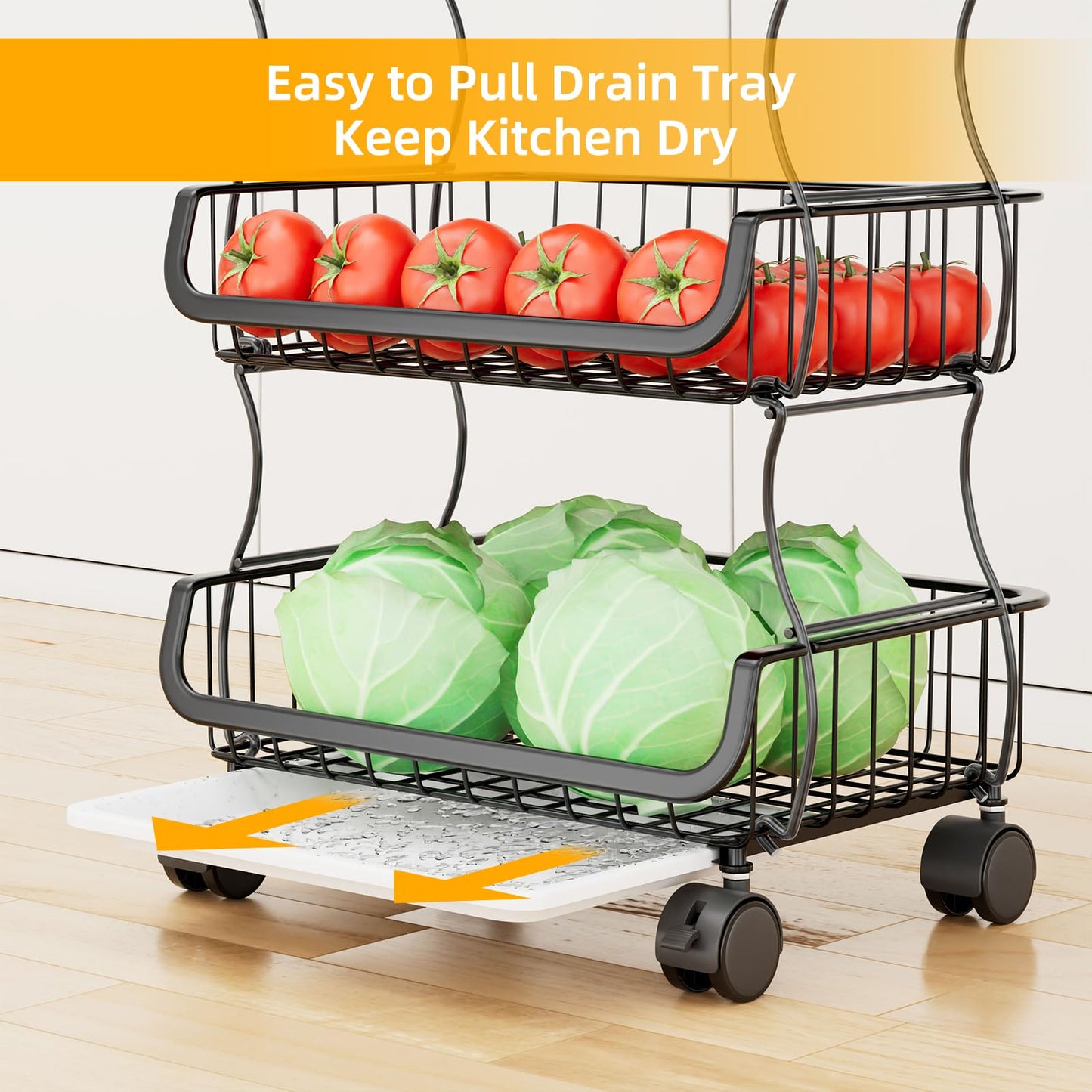Simple Trending 6 Tier Rolling Cart, Stackable Fruit Vegetable Basket with Wheels and 2 Hanging Basket, Kitchen Storage Metal Wire Basket Stand for Vegetable Bread Snacks, Black