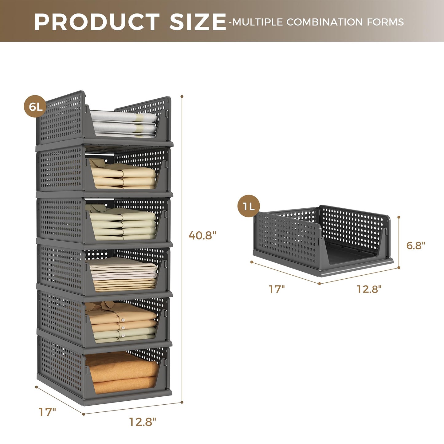 Pinkpum 6 Pack Black Closet Organizers and Storage Plastic Stackable Storage Bins, Morden Foldable Drawer Shelf Storage Container for Wardrobe Kitchen Bathroom Dorm