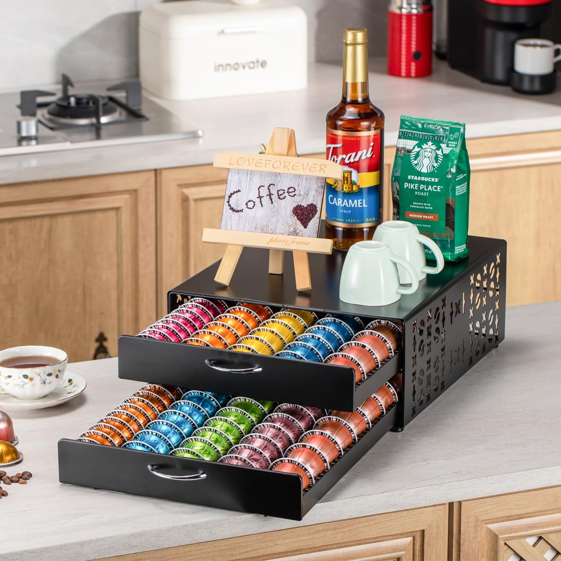 FlagShip for Vertuo Pod Holder Coffee Pod Storage for Nespresso Pod Organizer Large Capacity Fits All Size Vertuo Pods 2 Tier Drawer