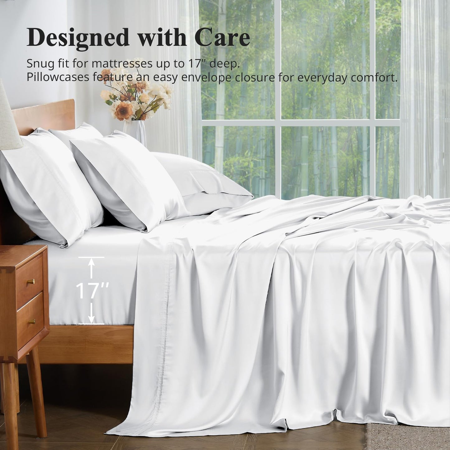 Krimano Twin Size Sheet Set, Viscose Bamboo Sheets for Bed Set 3pcs, 100% Viscose Derived from Bamboo, Hotel Luxury Silky & Cooling for Hot Sleepers, Deep Pocket Up to 17", White