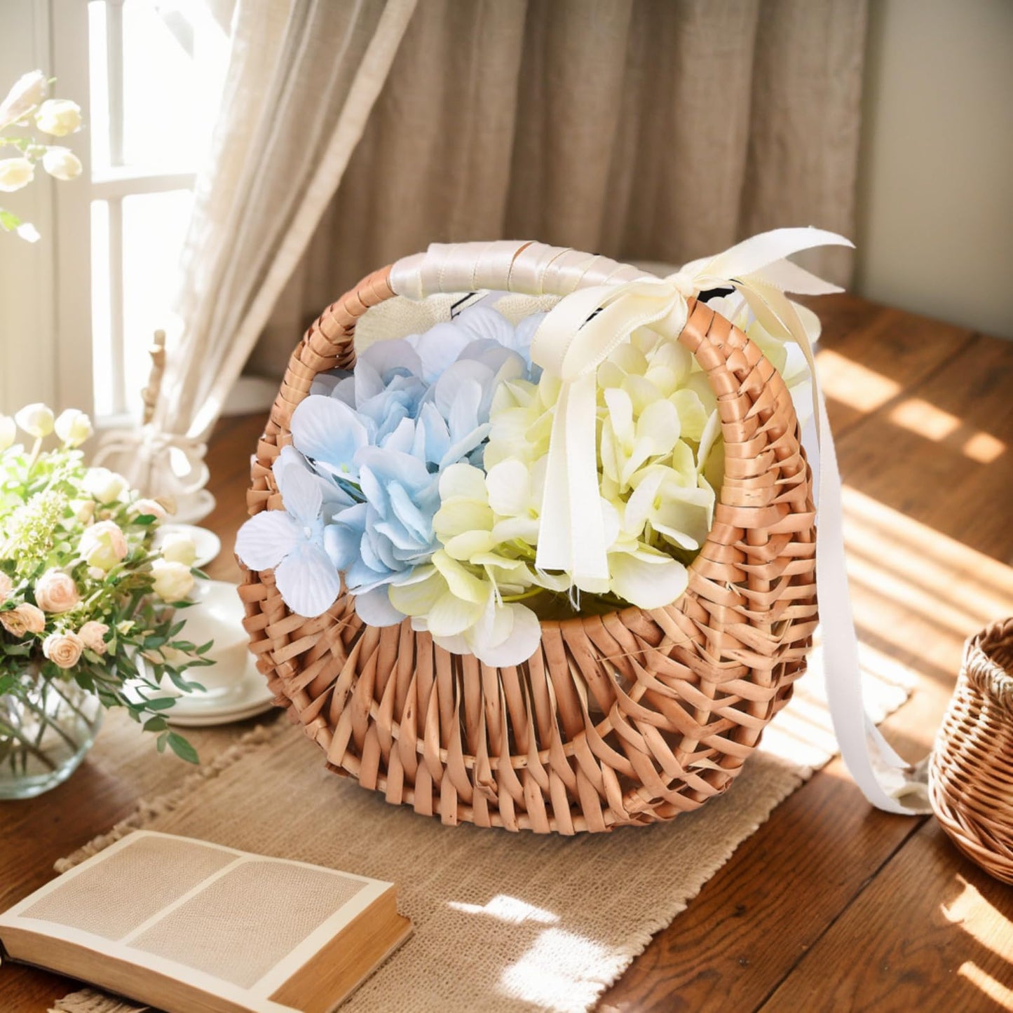 2 PCS Wicker Rattan Flower Baskets Small Half Moon Wicker Basket with Handle and Ribbons Wedding Flower Girl Straw Basket Willow Woven Storage for Wedding Party Decor(Brown) (2)