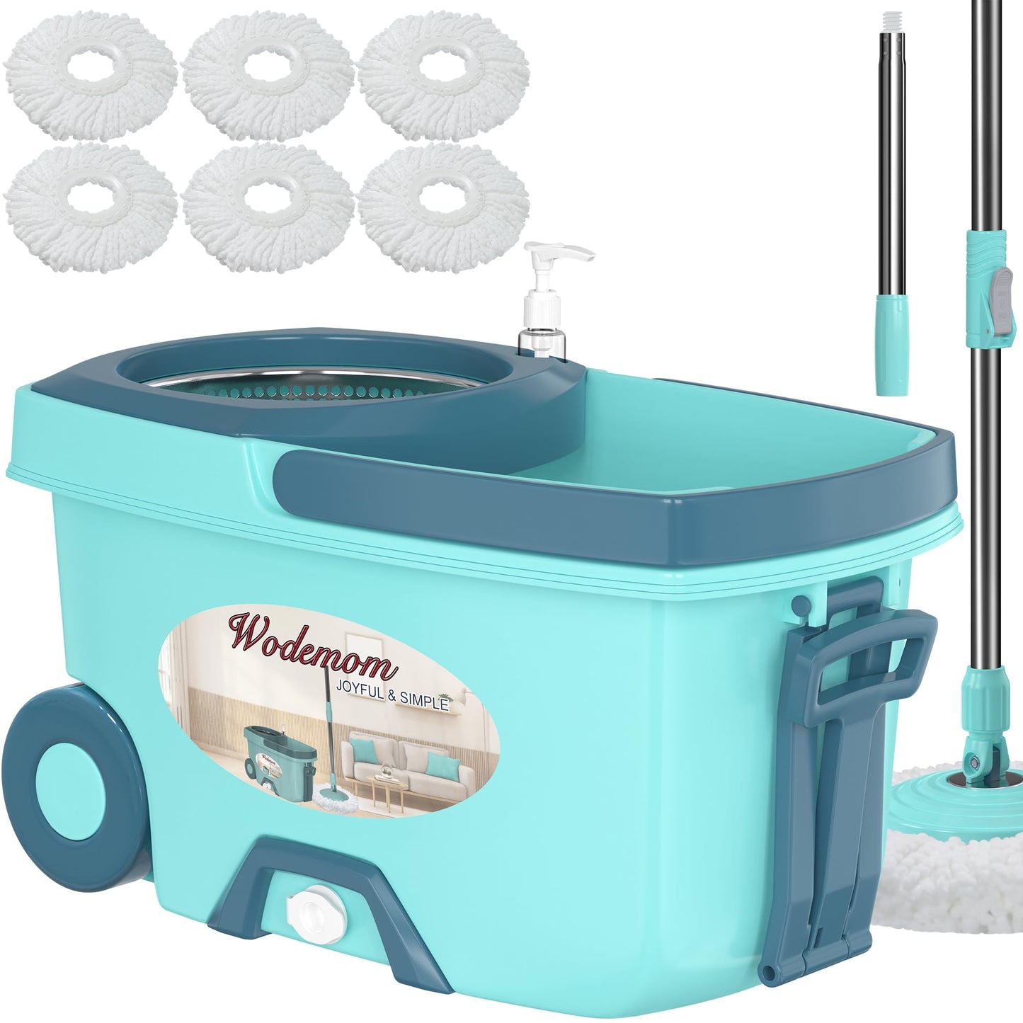 Spin Mop and Bucket System, Mop and Bucket with Wringer Set,Mops for Floor Cleaning,Household Supplies Tools with 6 Replacement Refills,61" Extended Handle for Household Hardwood Floor - Green