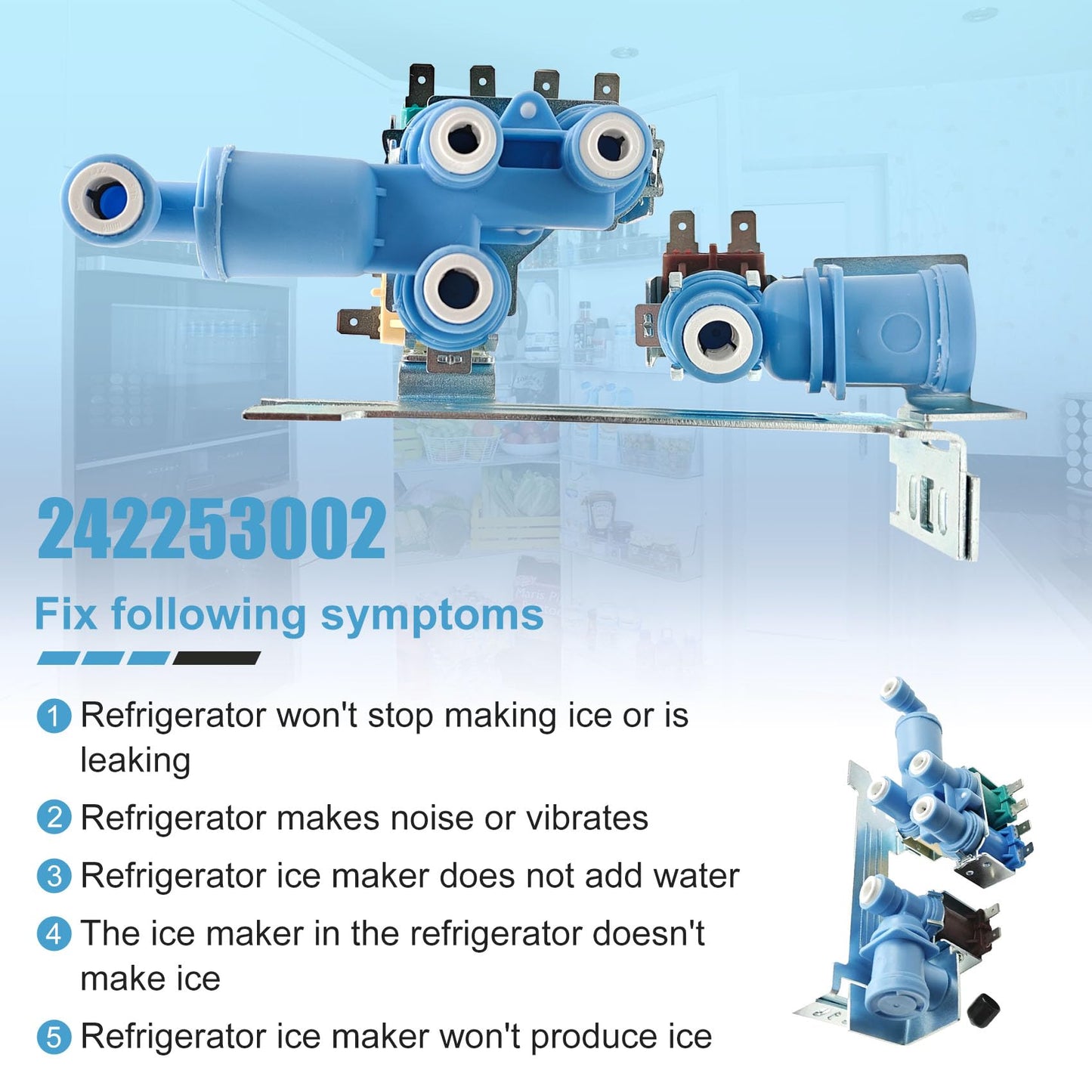 242253002 242102201 Refrigerator Ice Maker Water Inlet Valve for Frigidaire Electrolux Kenmore Crosley, Replacement Water Valve Parts 2689640, AP5669874, PS7321353, EAP7321353 Fits Model CFD DGH E23