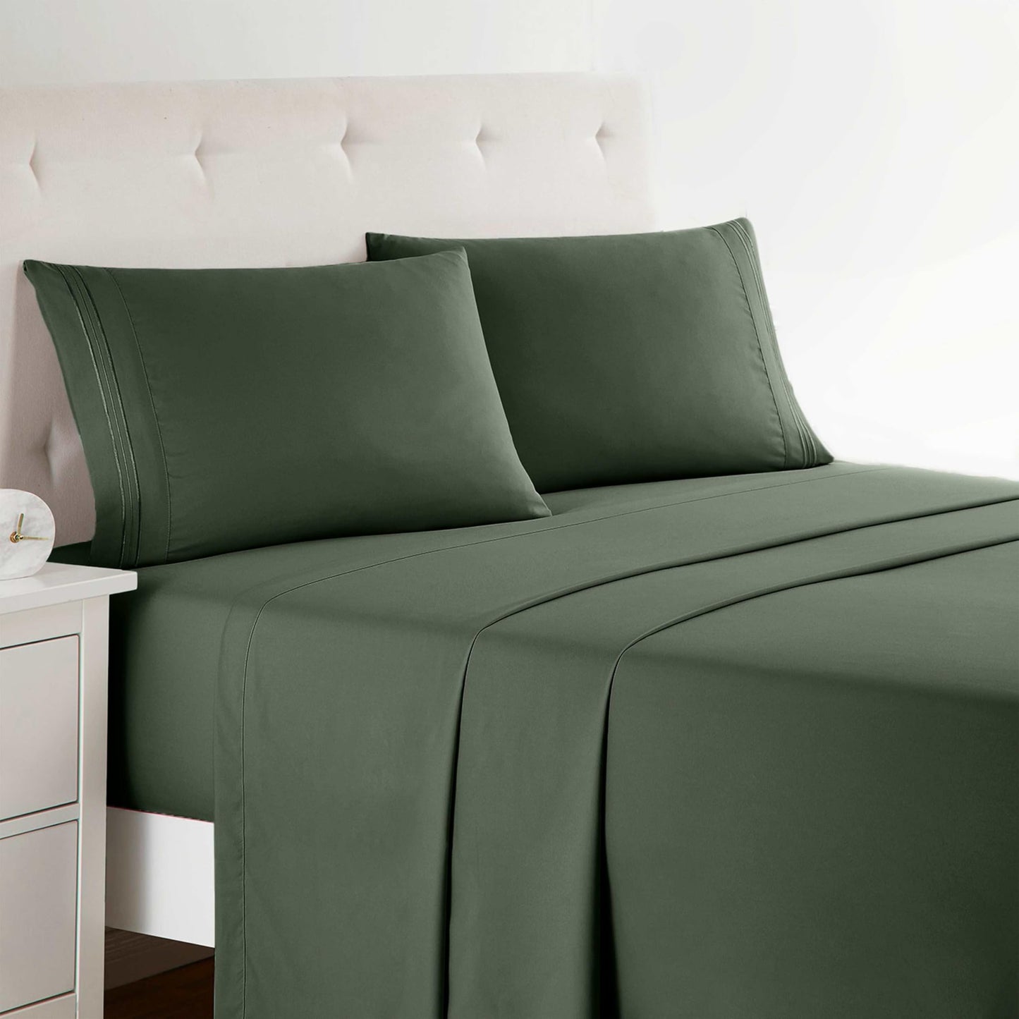 Clara Clark Bed Sheets, Premier 1800 Series Bed Sheet Set, Deep Pocket, Wrinkle, Fade, Stain Resistant, Luxury Soft Bedding Sheets & Pillowcases, Queen, Olive Green