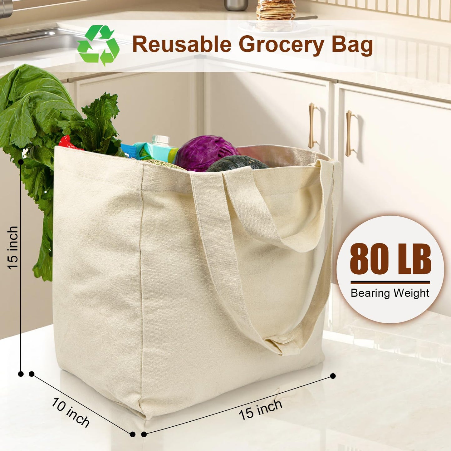 VitaSerena Canvas Grocery Bags with Dual Handles(3pc XL), Large Reusable Shopping Bags for Groceries, Inner Pockets, Washable, Shrink Resistant, Heavy Duty, Foldable
