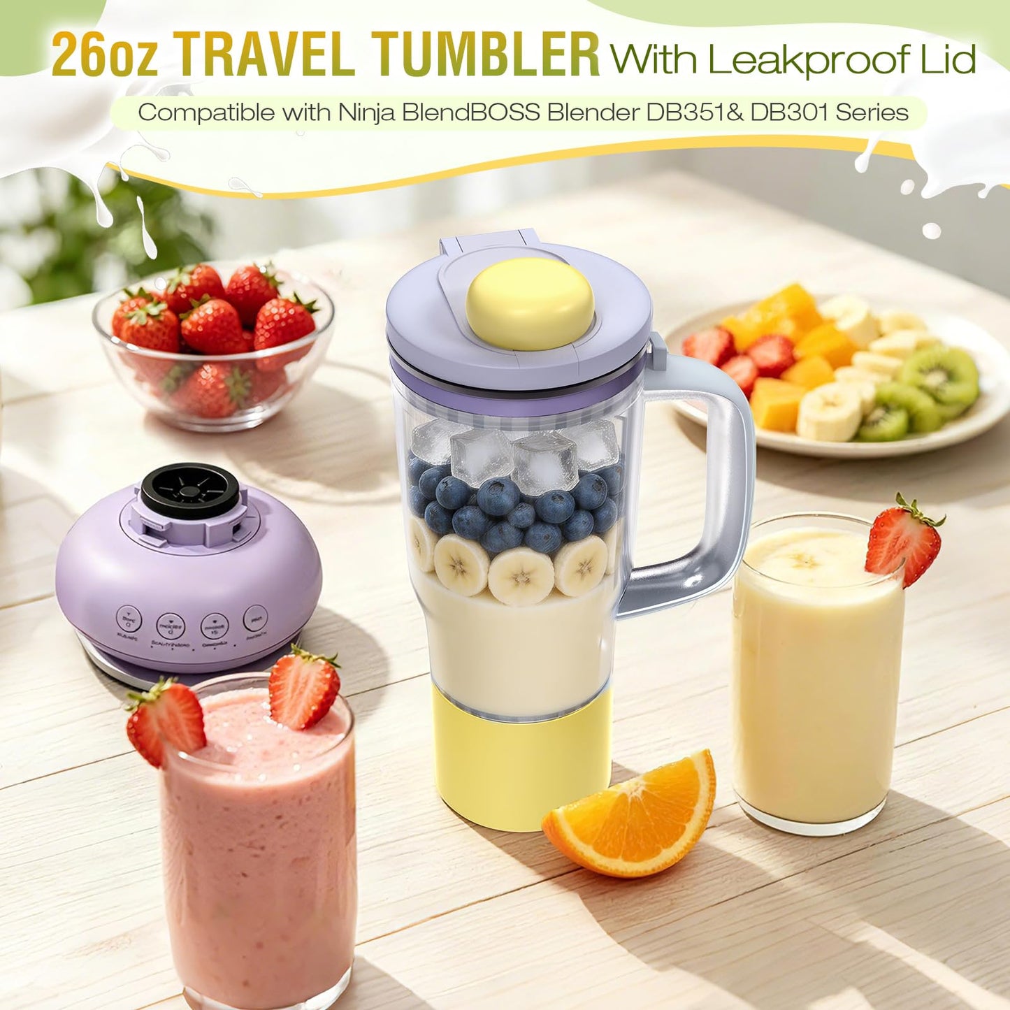PQSGNYQ 26oz Travel Tumbler Replacement for Ninja BlendBOSS Blender, Personal Smoothie Cup with Leakproof Lid Compatible with Ninja DB351& DB301 Series (Lavender)
