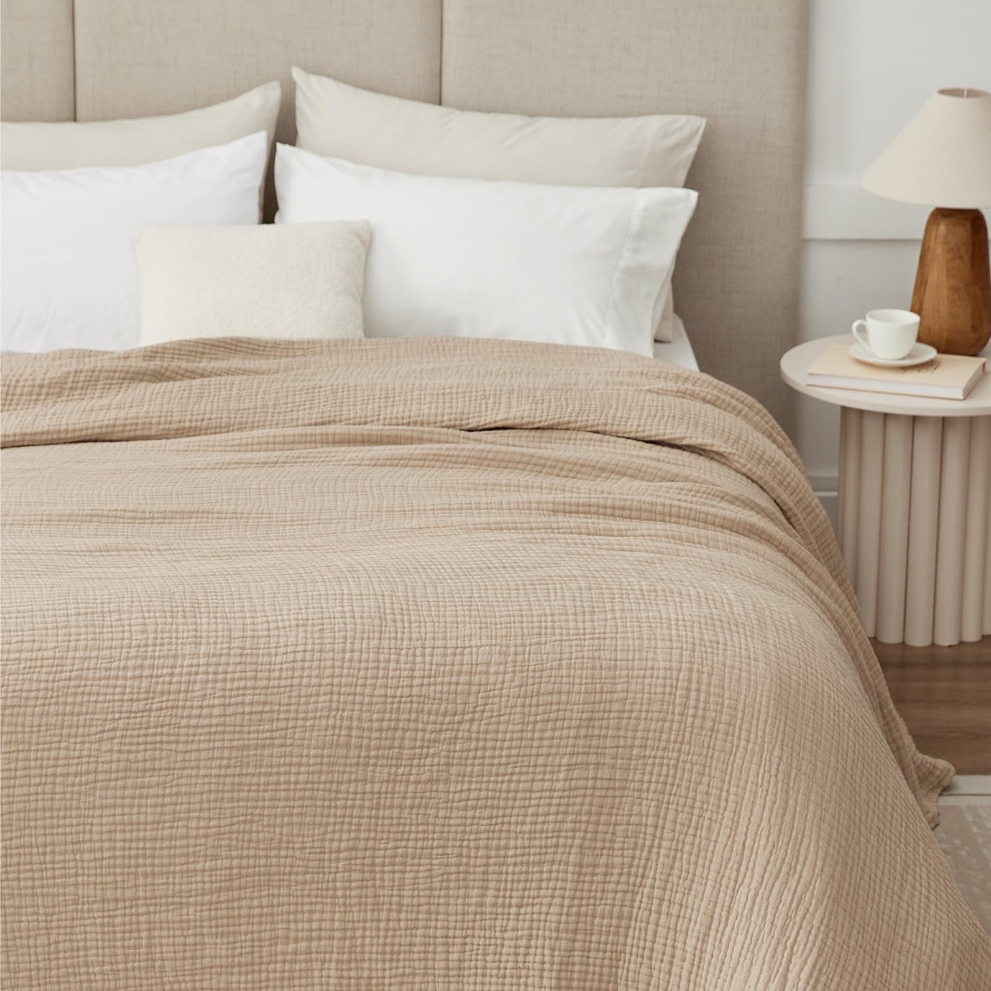 Kozyhvn 100% Cotton King Size Blankets for Bed 108" x 90", 6 Layers Cooling and Soft Muslin Throw Blanket, Lightweight Quilt Bedspread Coverlet, Gauze Blanket for Adults All Season, Linen Beige