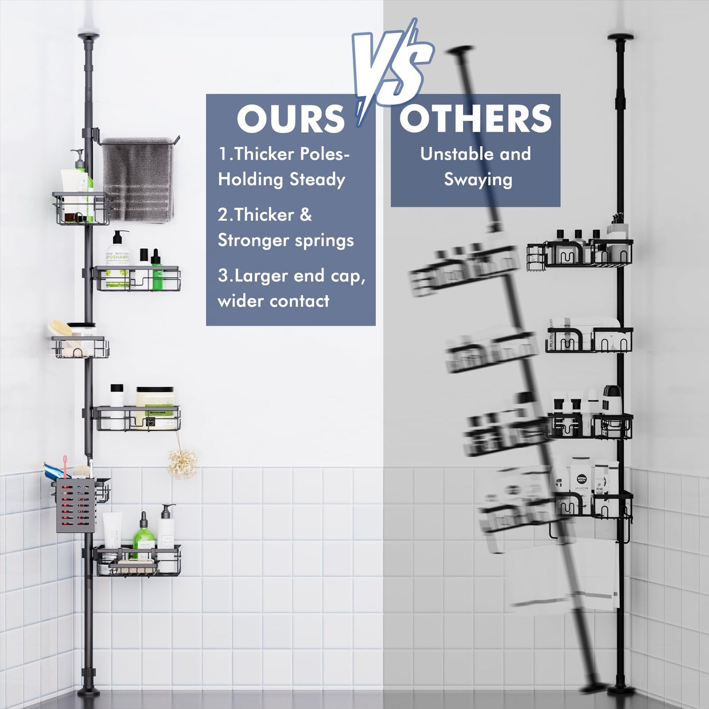 Shower Caddy Organizer Tension Pole, Rustproof 6-Pack Corner Shelf with 30-120 Inch Adjustable Shower Rack for Inside Shower, Extra Towel Bar & Soap Dish for Bathroom Organizers and Storage, Black
