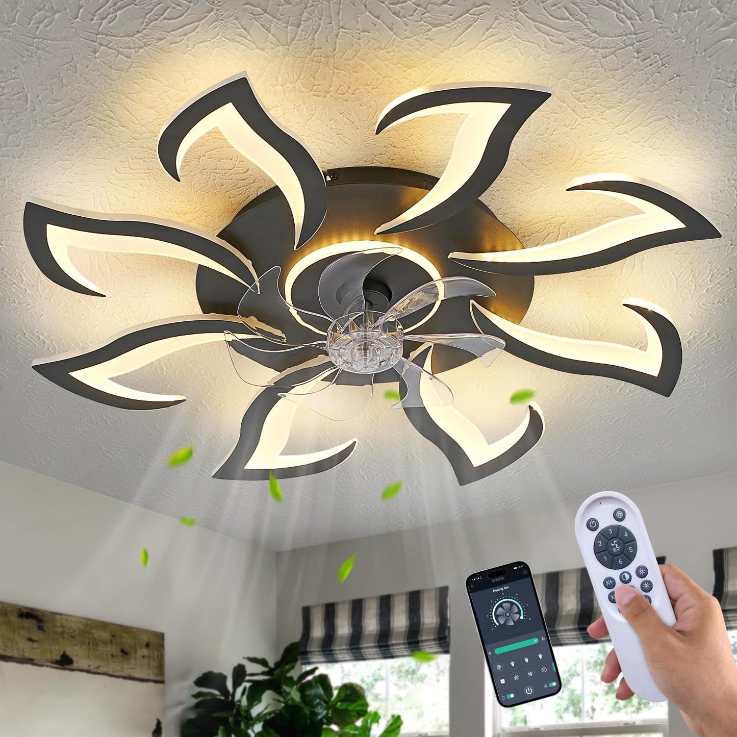 Malnutcolor Modern Low Profile 36 Inch Black Flush Mount Ceiling Fan with 3 Light Color 6 Speeds, Fandelier for Living Room