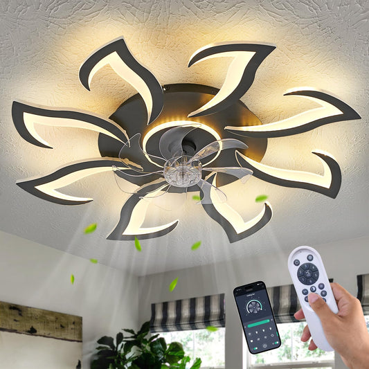 Malnutcolor Modern Low Profile 36 Inch Black Flush Mount Ceiling Fan with 3 Light Color 6 Speeds, Fandelier for Living Room
