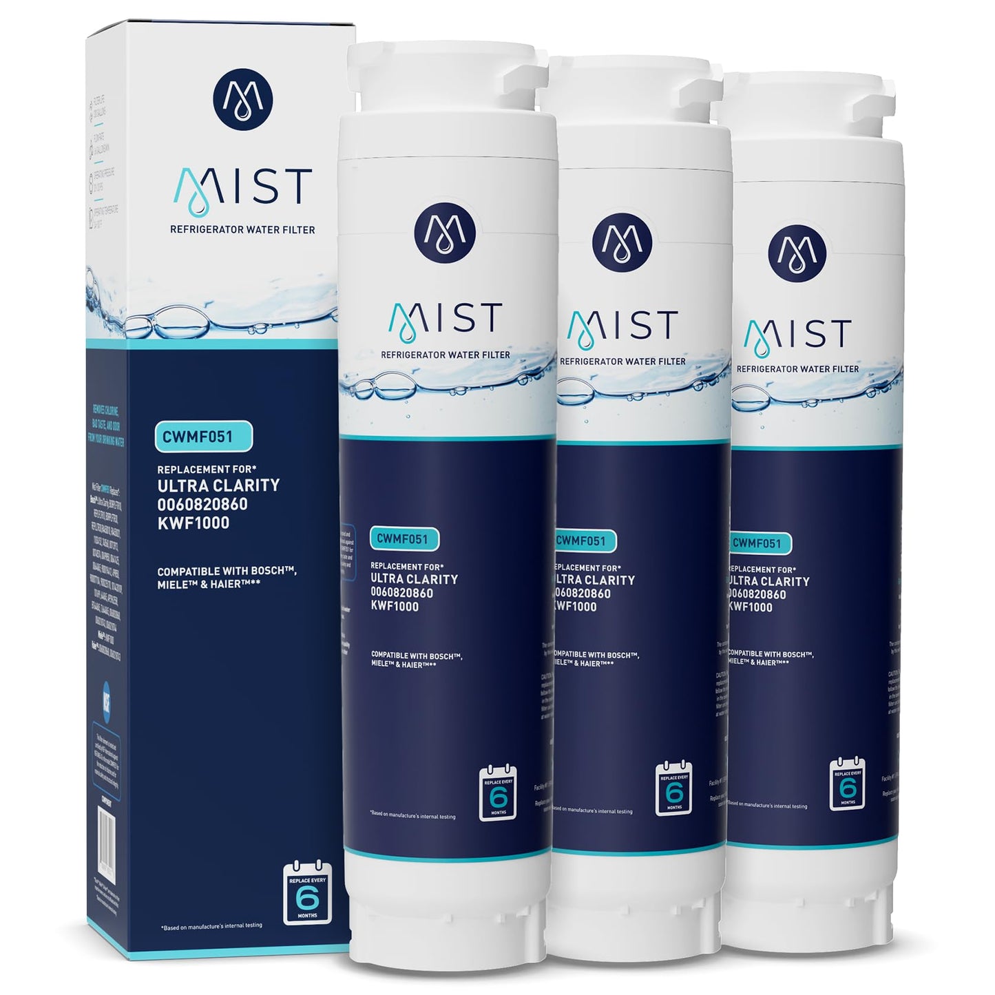 Mist Ultra Clarity Water Filter Replacement for Bosch, Refrigerator Water Filter compatible with 644845, 9000077104, 9000194412, Haier 0060820860, 0060218744, Miele KWF1000 (3 pack)