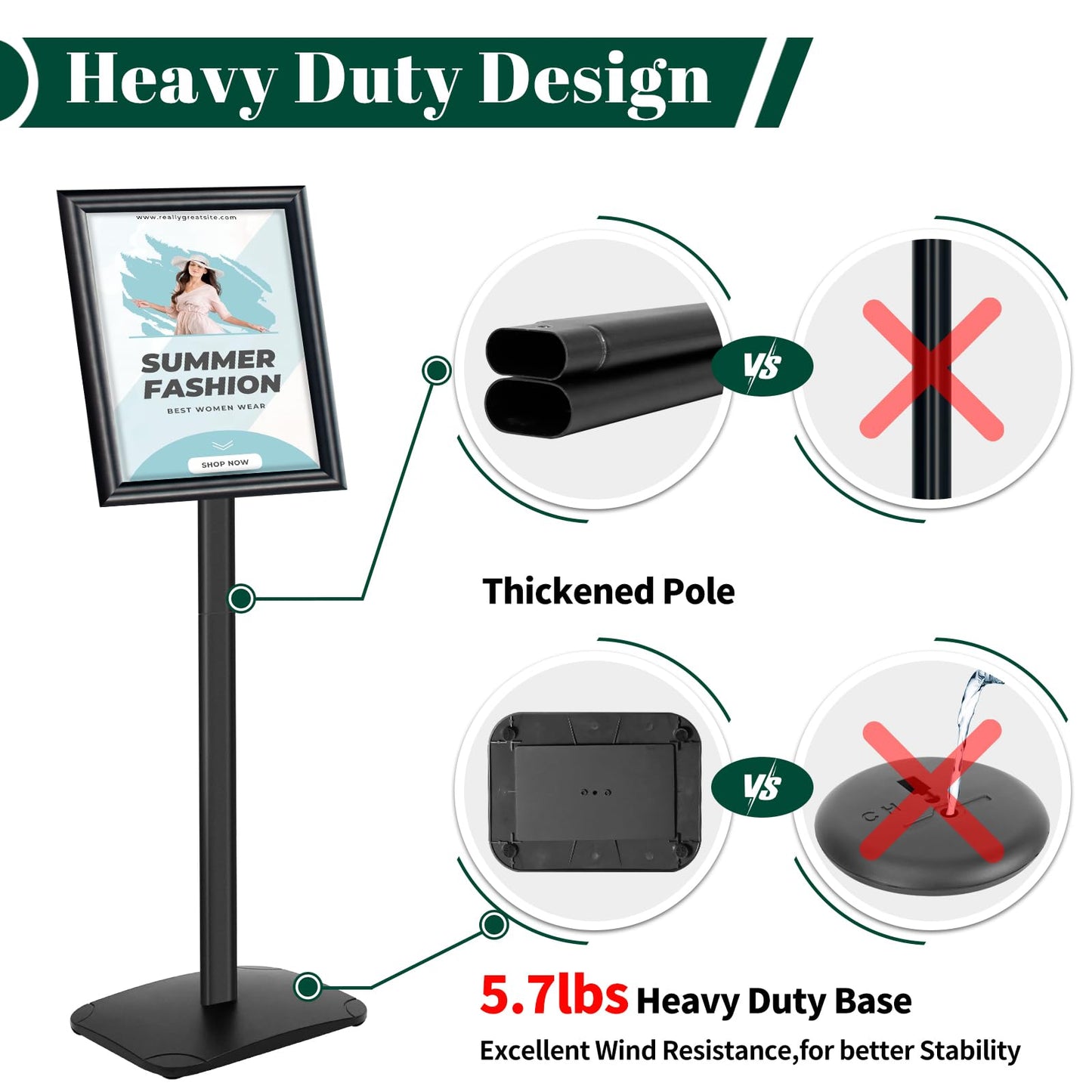Heavy Duty Pedestal Sign Holder for Display, 8.5 x 11 inches Adjustable Floor Standing Sign Holder with Weighted Base , Vertical and Horizontal View Sign Stand for Indoor/Outdoor Advertising，Black