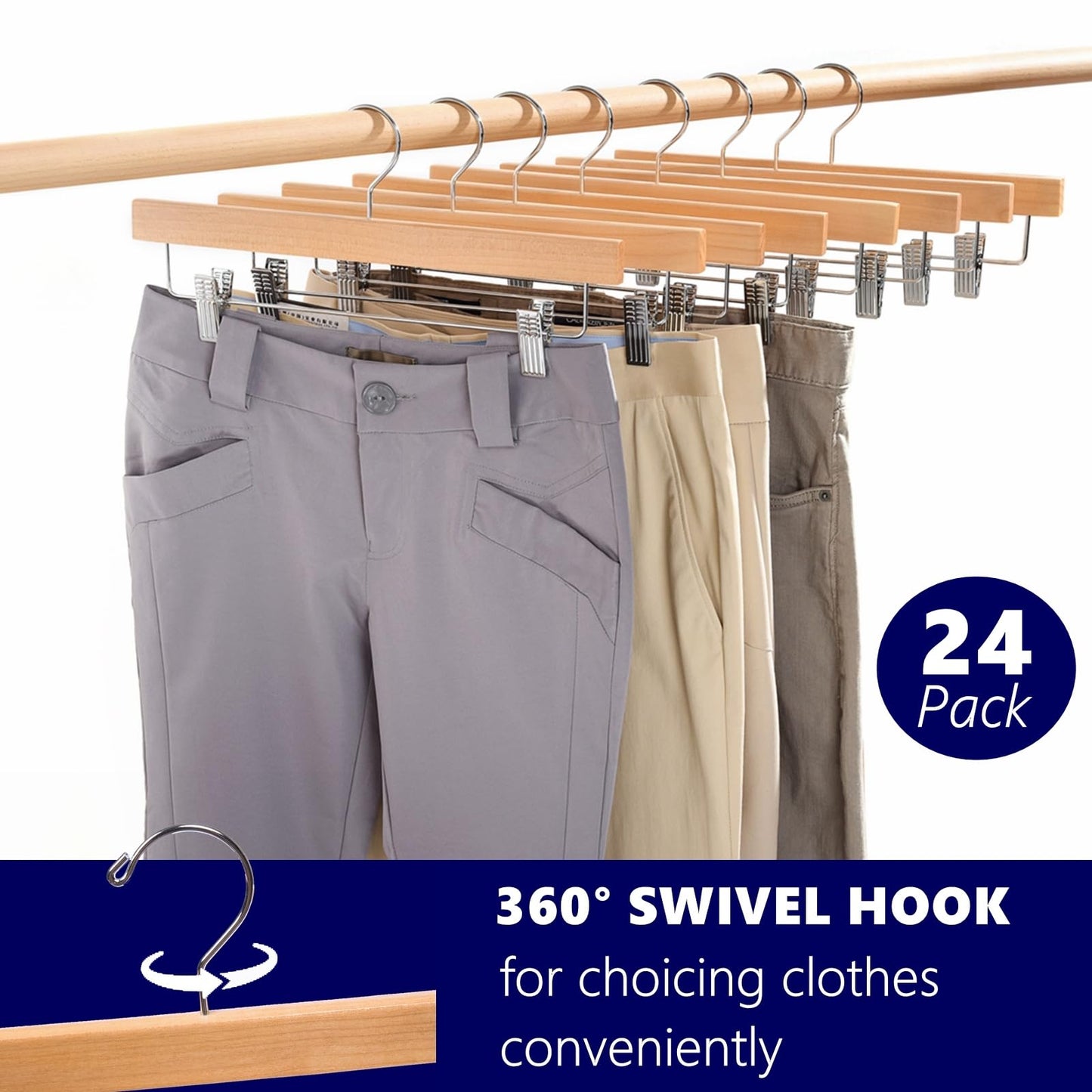 Amber Home 24 Pack Wooden Pants Hangers with Clips, 14" Natural Wood Skirt & Trouser Hangers, Closet Hangers for Jeans, Slacks, Shorts, with 2-Adjustable Clips (Natural, 24)